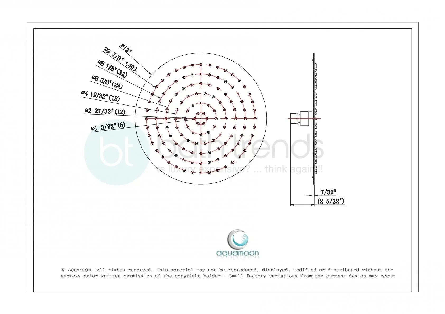 Aquamoon 12" Brush Nickel Round Stainless Steel Shower Head Modern Shower Head 12 x 0.5 bathtrends_usa