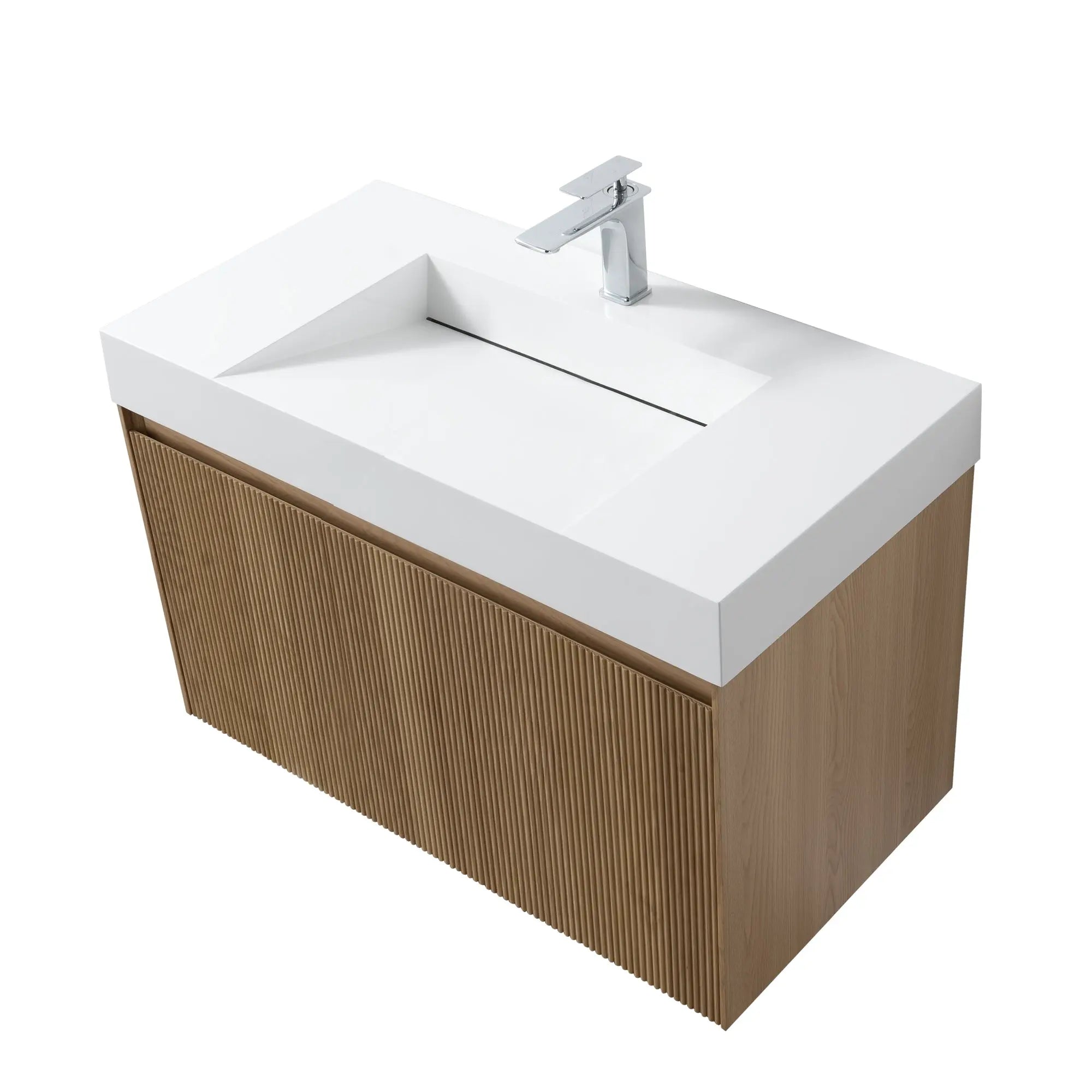 Miami 35.5 Natural Oak Cabinet, Infinity Cultured Marble, Wall Mounted Modern Vanity Set