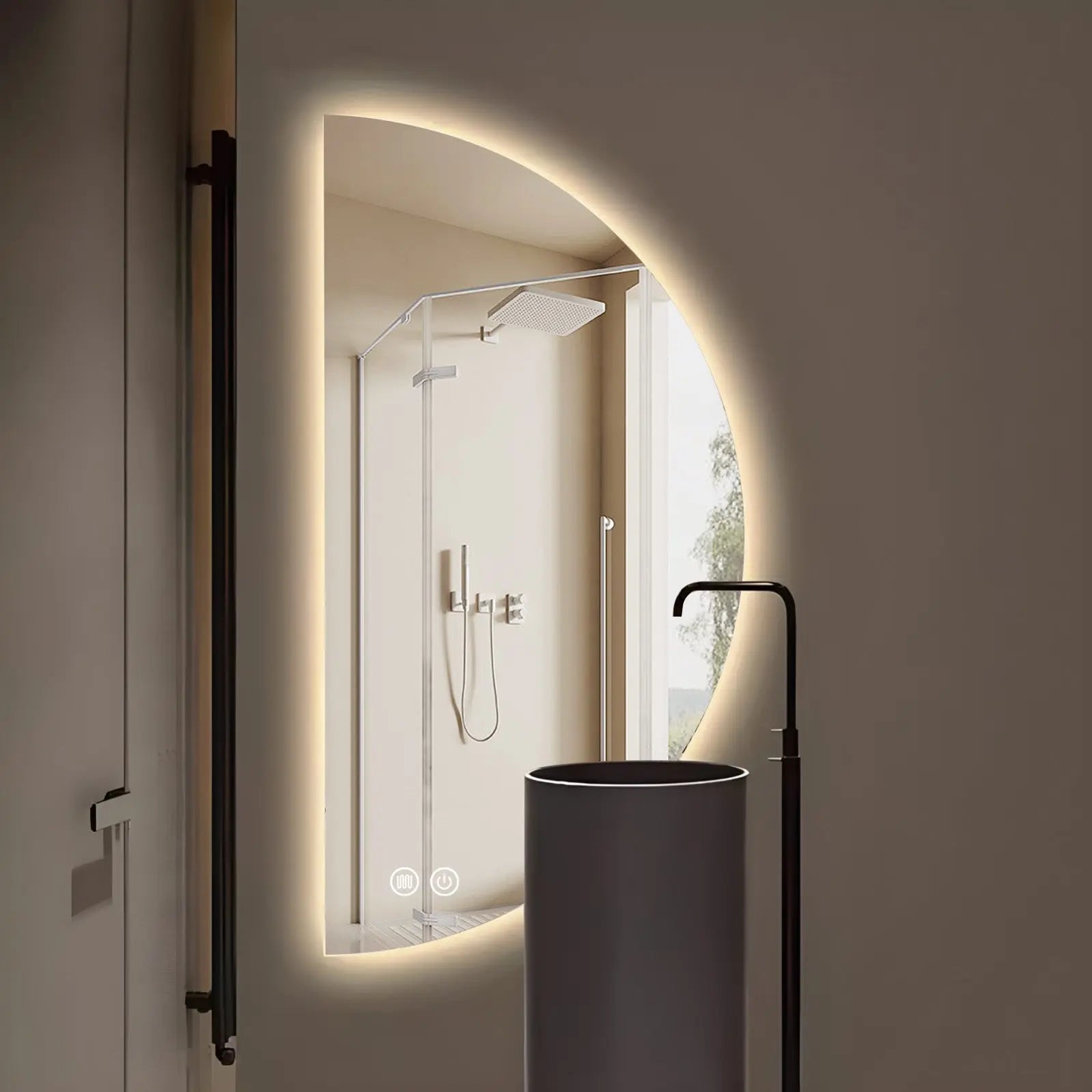 Aquamoon Media Luna Right LED Mirror Semiround Shape, Framless Design With Back Ilumination 24"W x 48"H