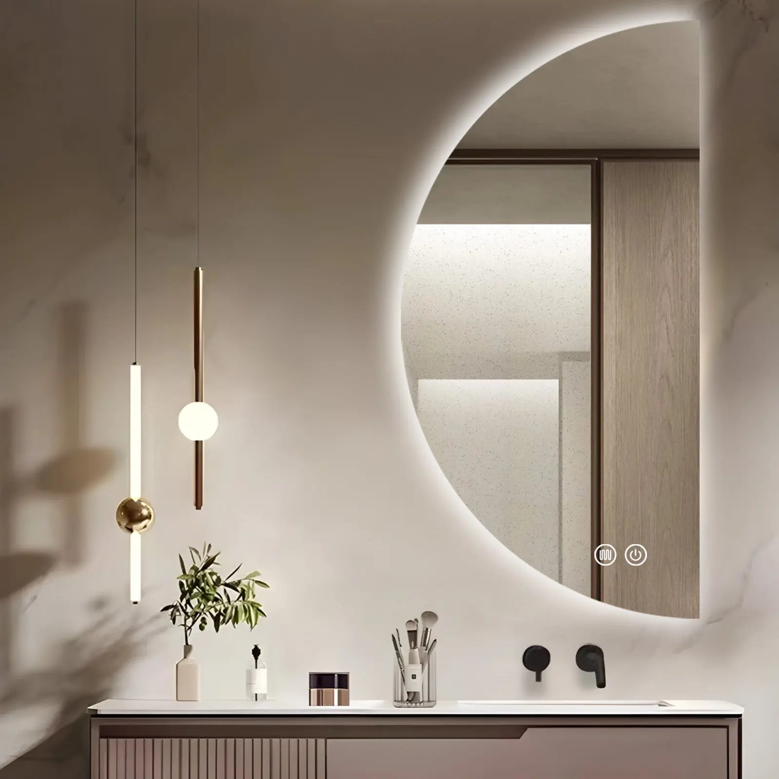 Aquamoon Media Luna Left LED Mirror Semiround Shape, Framless Design With Back Ilumination 24"W x 48"H