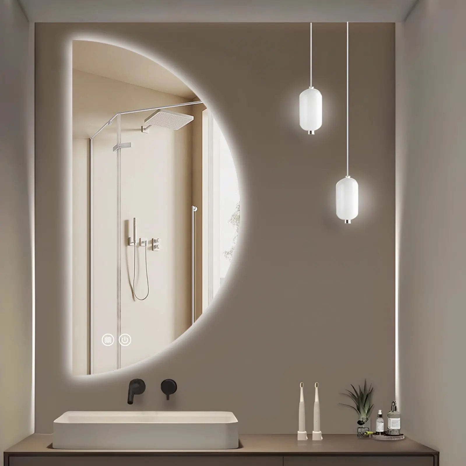 Aquamoon Media Luna Right LED Mirror Semiround Shape, Framless Design With Back Ilumination 24"W x 48"H
