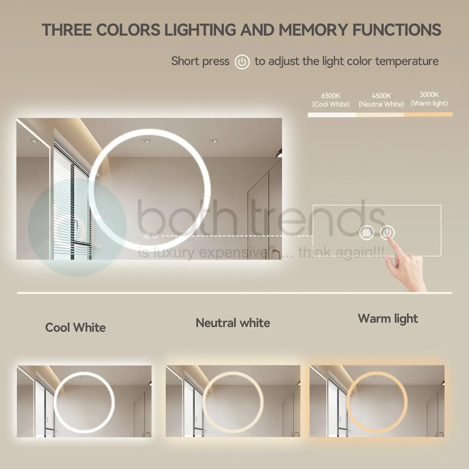 Aquamoon 7399 LED Bathroom Mirror 72" x 36" Wall Mounted With Bottom Front Touch On/Off Switch 6000K High Lumen