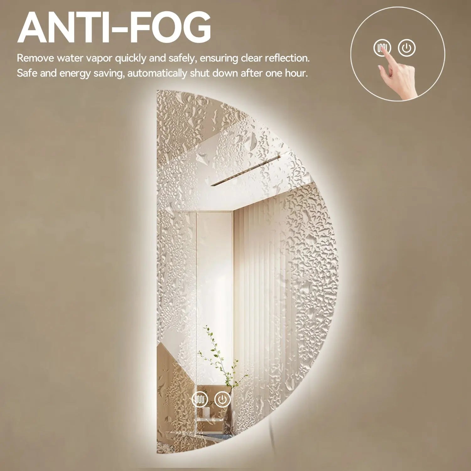 Aquamoon Media Luna Right LED Mirror Semiround Shape, Framless Design With Back Ilumination 24"W x 48"H