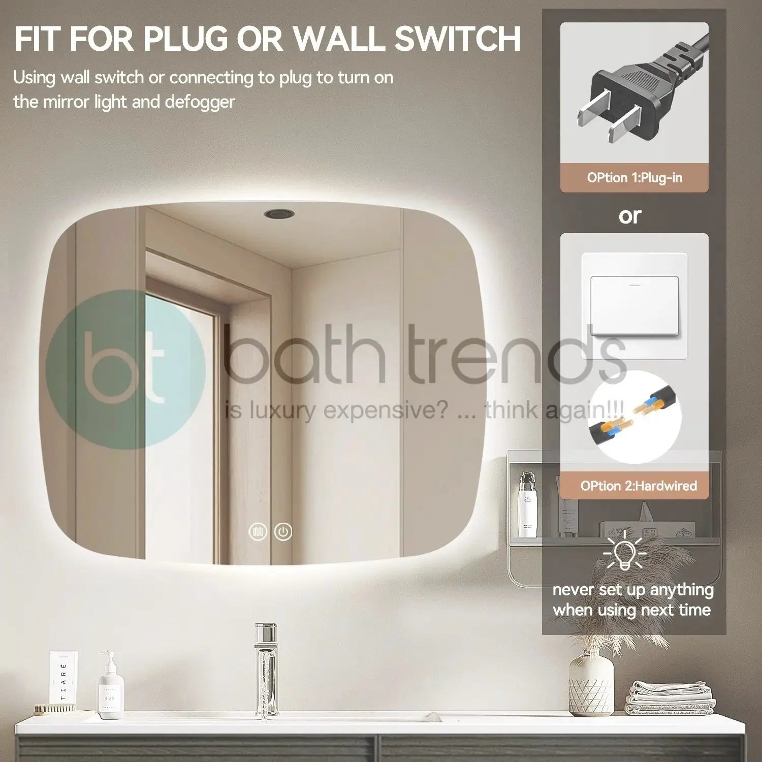 Aquamoon 5399 LED Bathroom Mirror 39" x 31" Wall Mounted With Bottom Front Touch On/Off Switch 6000K High Lumen
