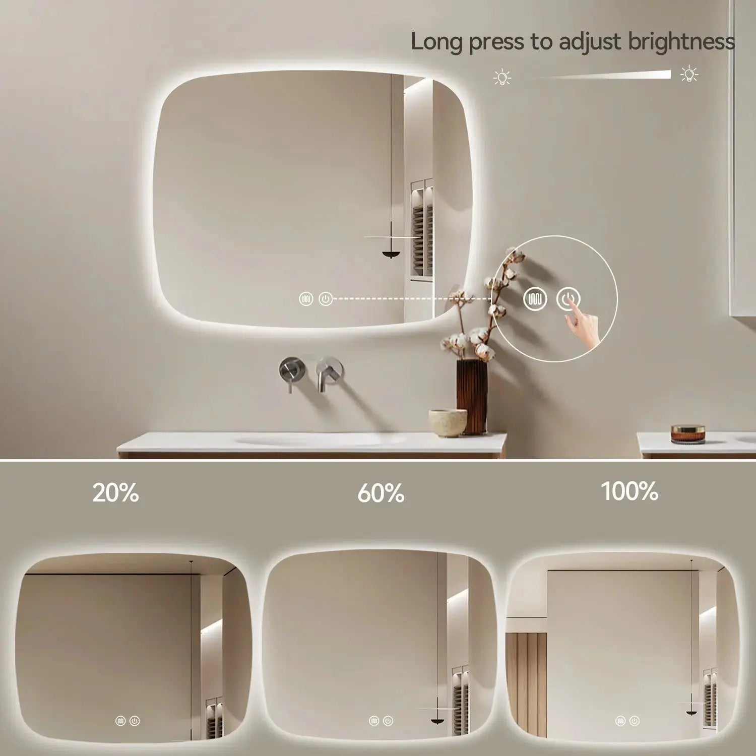 Aquamoon 5399 LED Bathroom Mirror 39" x 31" Wall Mounted With Bottom Front Touch On/Off Switch 6000K High Lumen