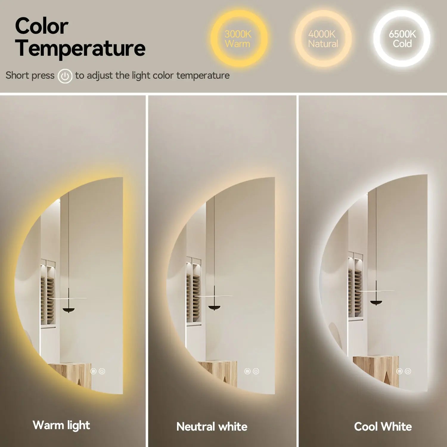 Aquamoon Media Luna Left LED Mirror Semiround Shape, Framless Design With Back Ilumination 24"W x 48"H