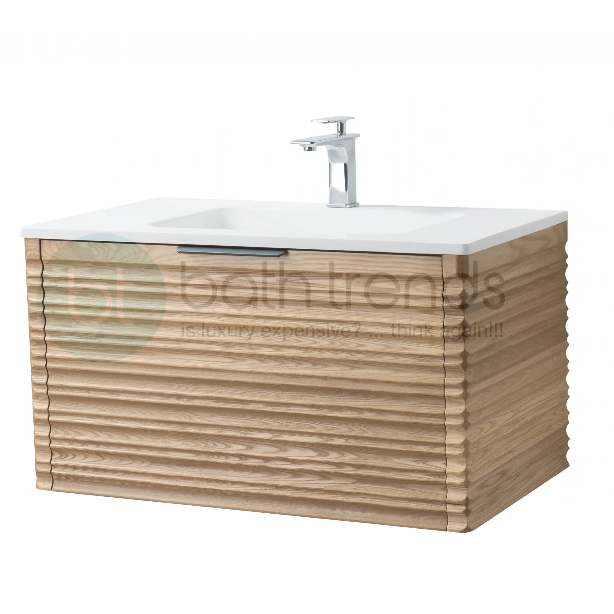 Capri 35.5 Natural Oak Cabinet, Solid Surface Sink, Wall Mounted Modern Vanity Set