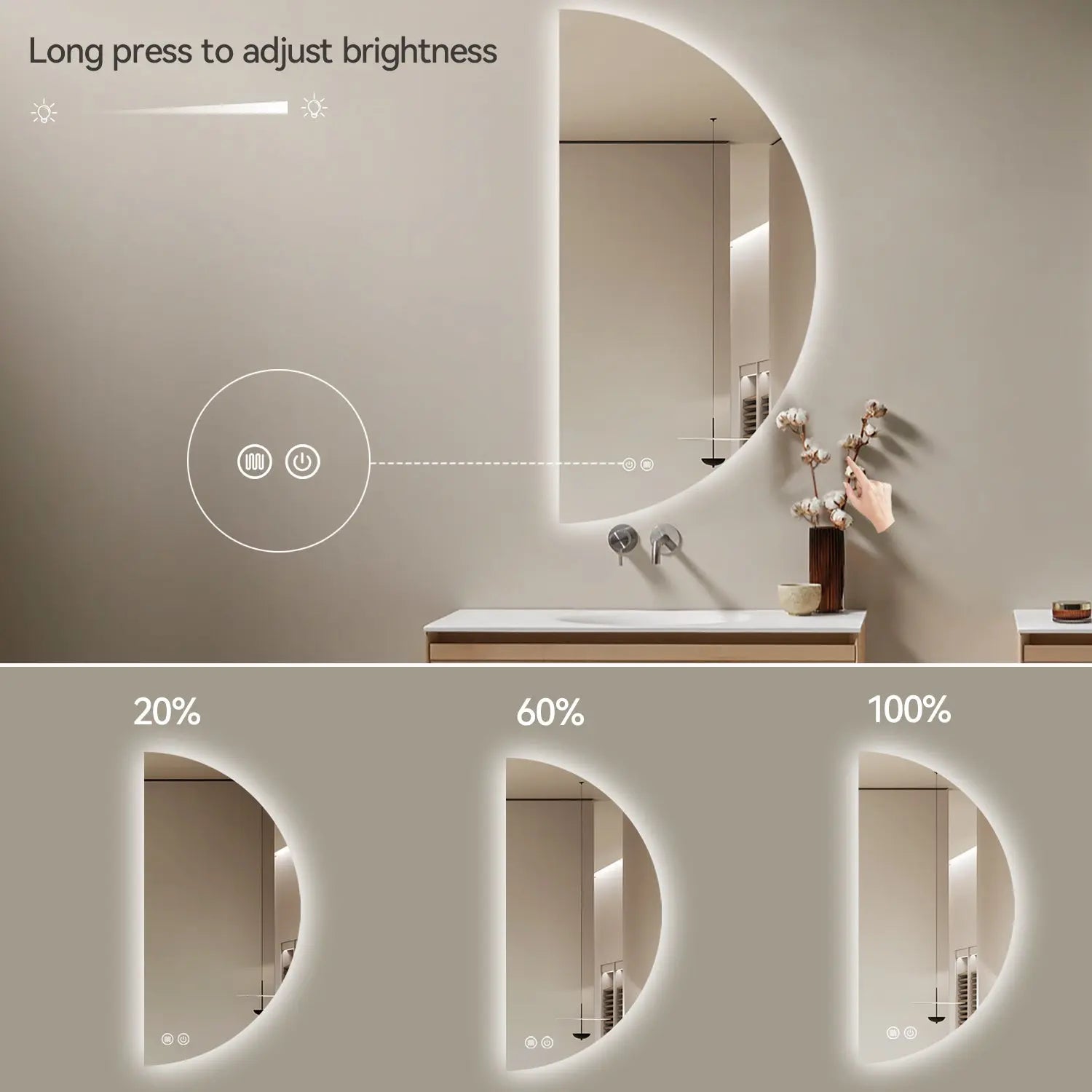 Aquamoon Media Luna Right LED Mirror Semiround Shape, Framless Design With Back Ilumination 24"W x 48"H