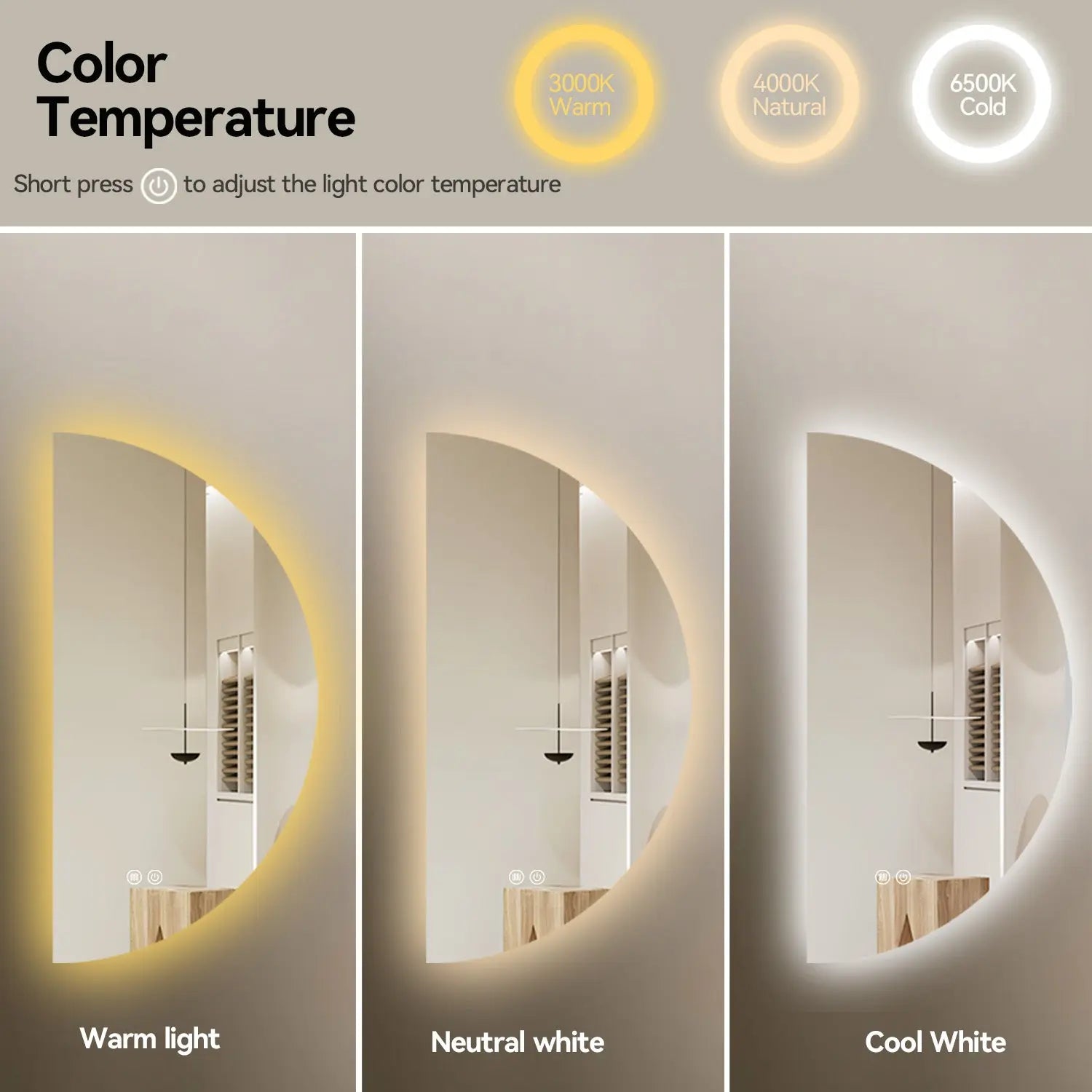 Aquamoon Media Luna Right LED Mirror Semiround Shape, Framless Design With Back Ilumination 24"W x 48"H