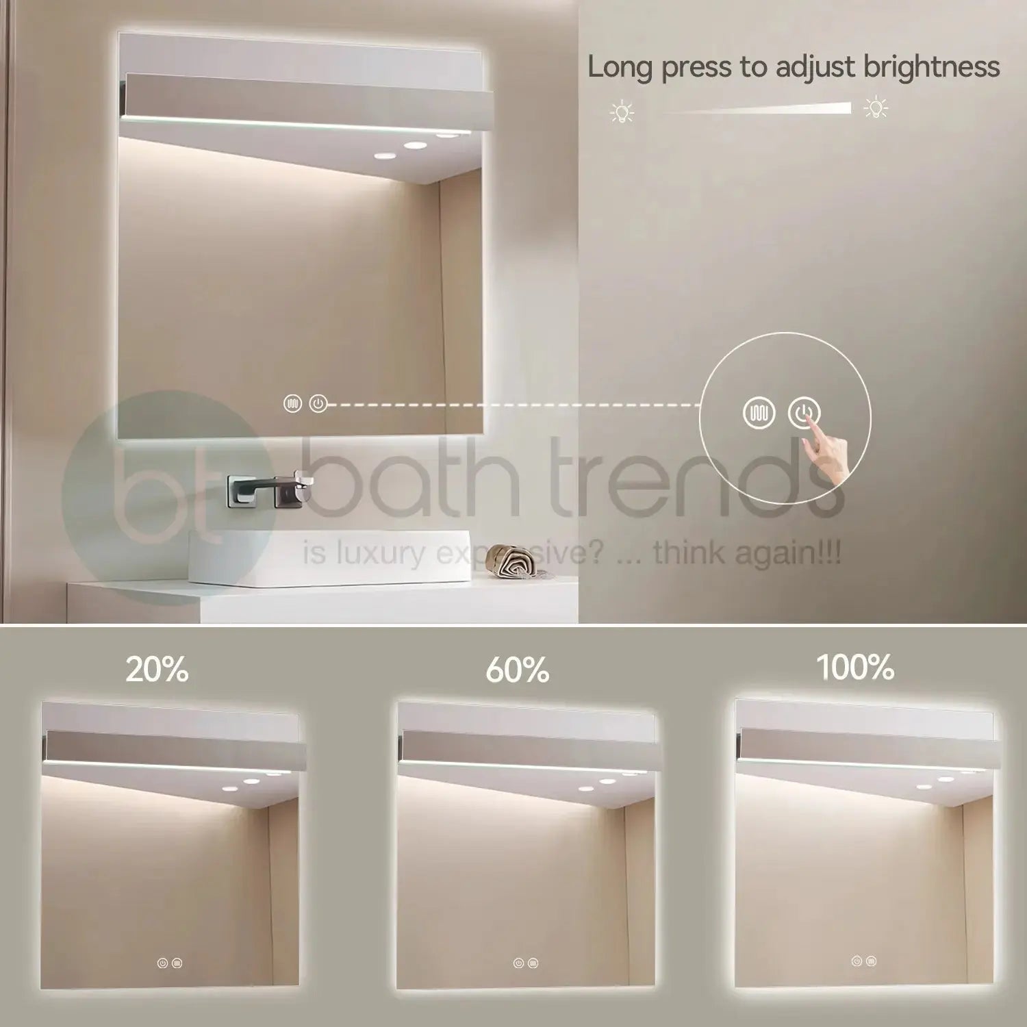 Aquamoon 8399 LED Bathroom Mirror 31" x 31" Wall Mounted With Bottom Front Touch On/Off Switch 6000K High Lumen