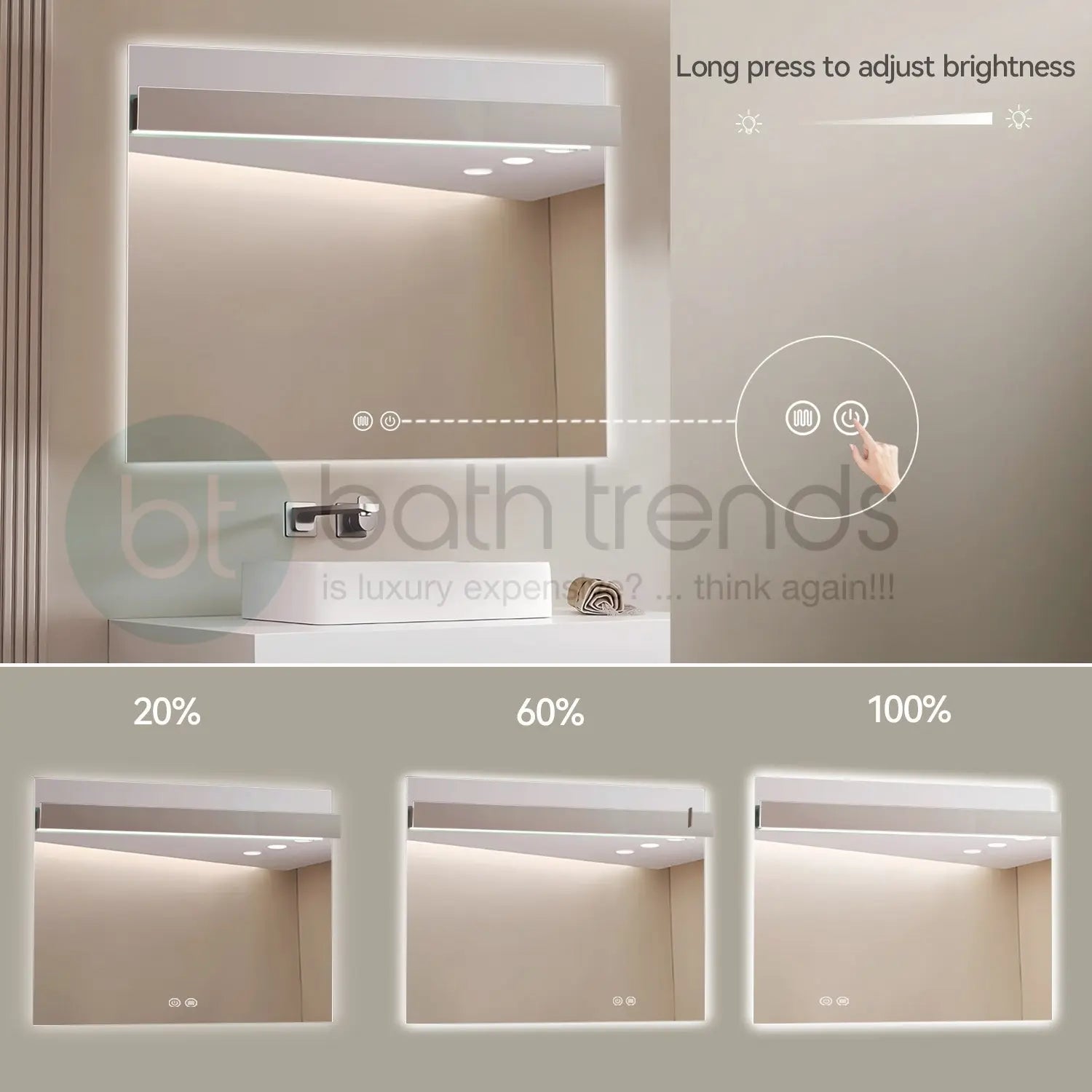 Aquamoon 8399 LED Bathroom Mirror 39" x 31" Wall Mounted With Bottom Front Touch On/Off Switch 6000K High Lumen