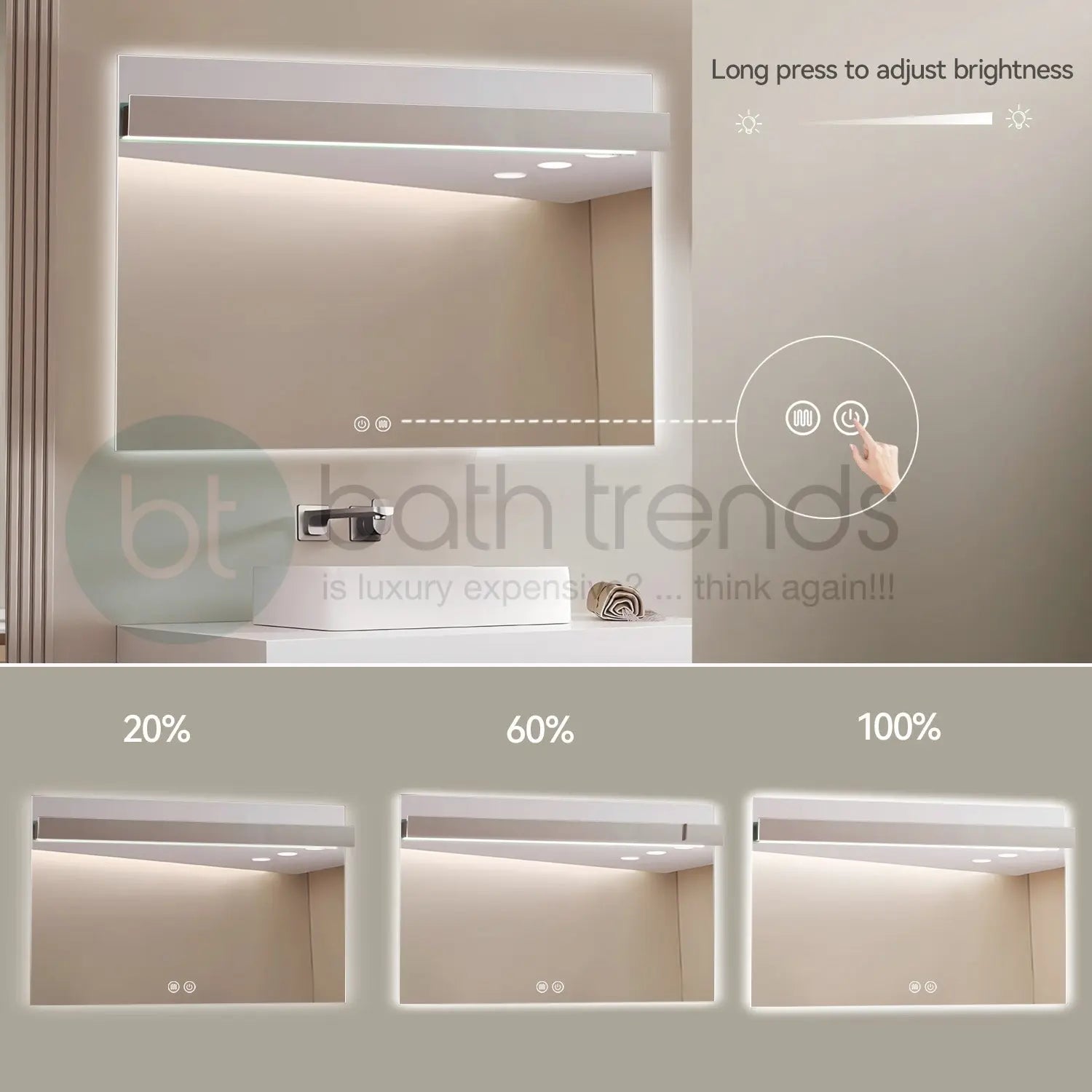 Aquamoon 8399 LED Bathroom Mirror 48" x 31" Wall Mounted With Bottom Front Touch On/Off Switch 6000K High Lumen