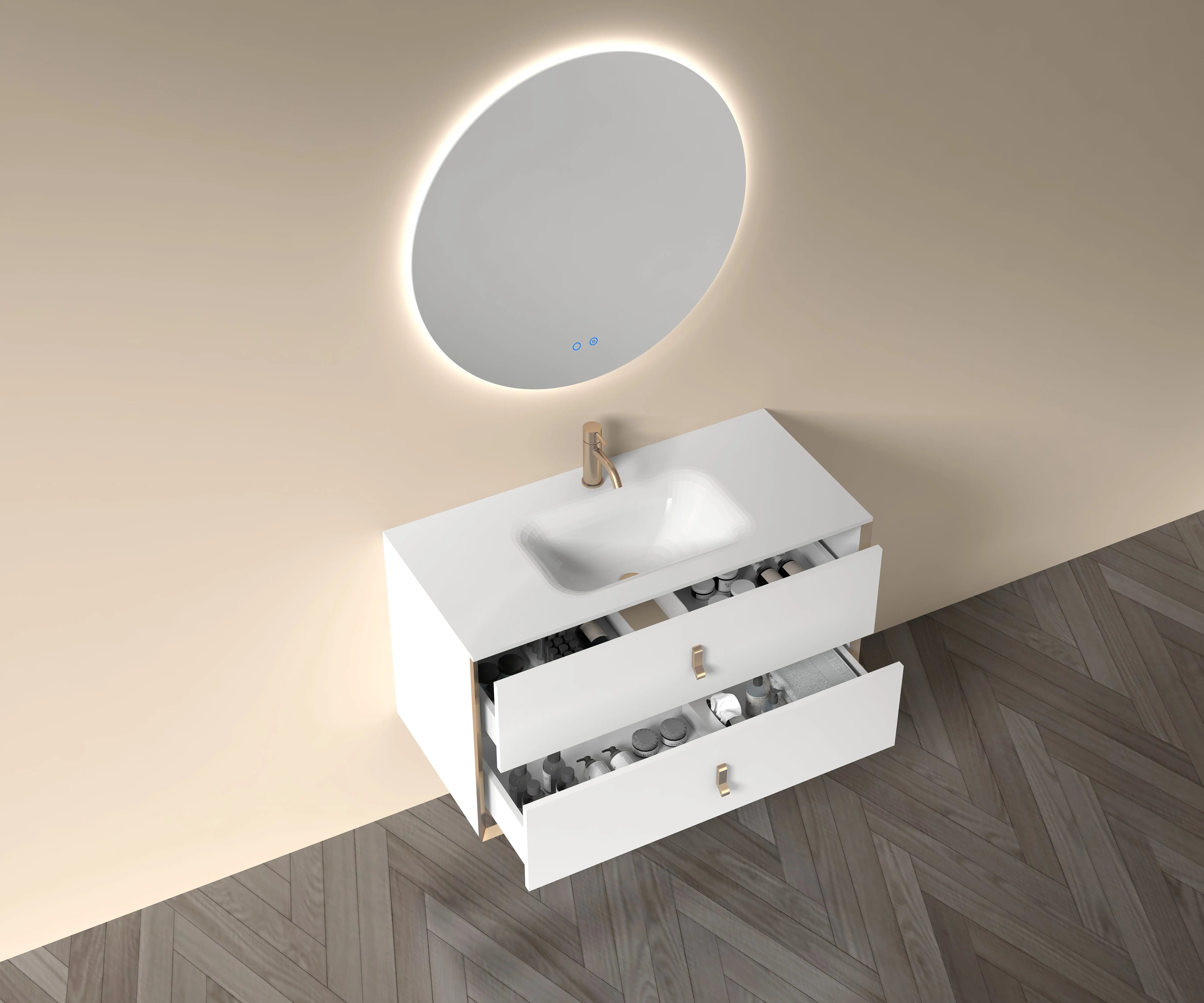 Etna 39.5 White Stainless Steel Cabinet, with white glass counter top , Wall Mounted Modern Vanity Set