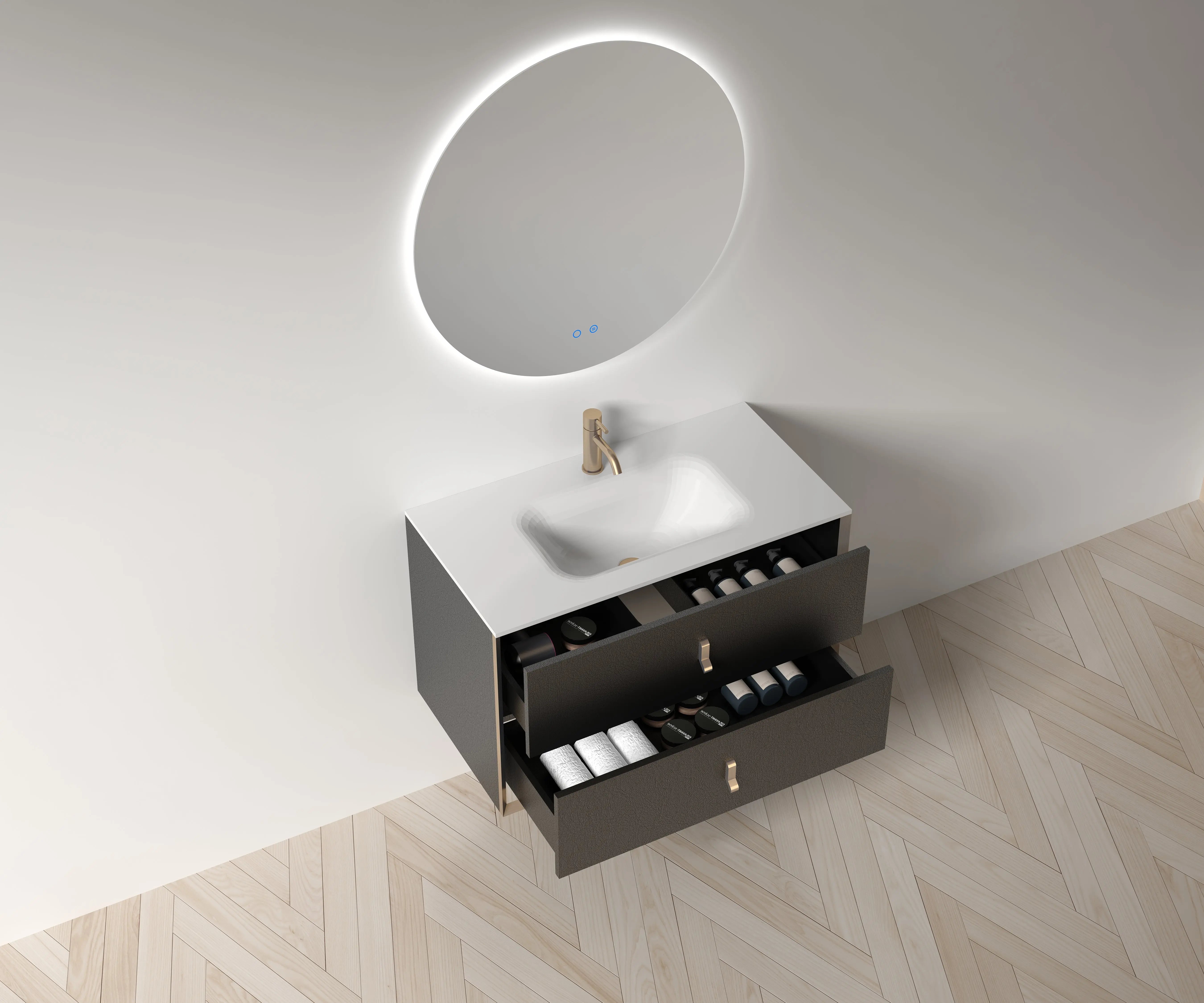 Etna 39.5 Black Stainless Steel Cabinet, with white glass counter top , Wall Mounted Modern Vanity Set