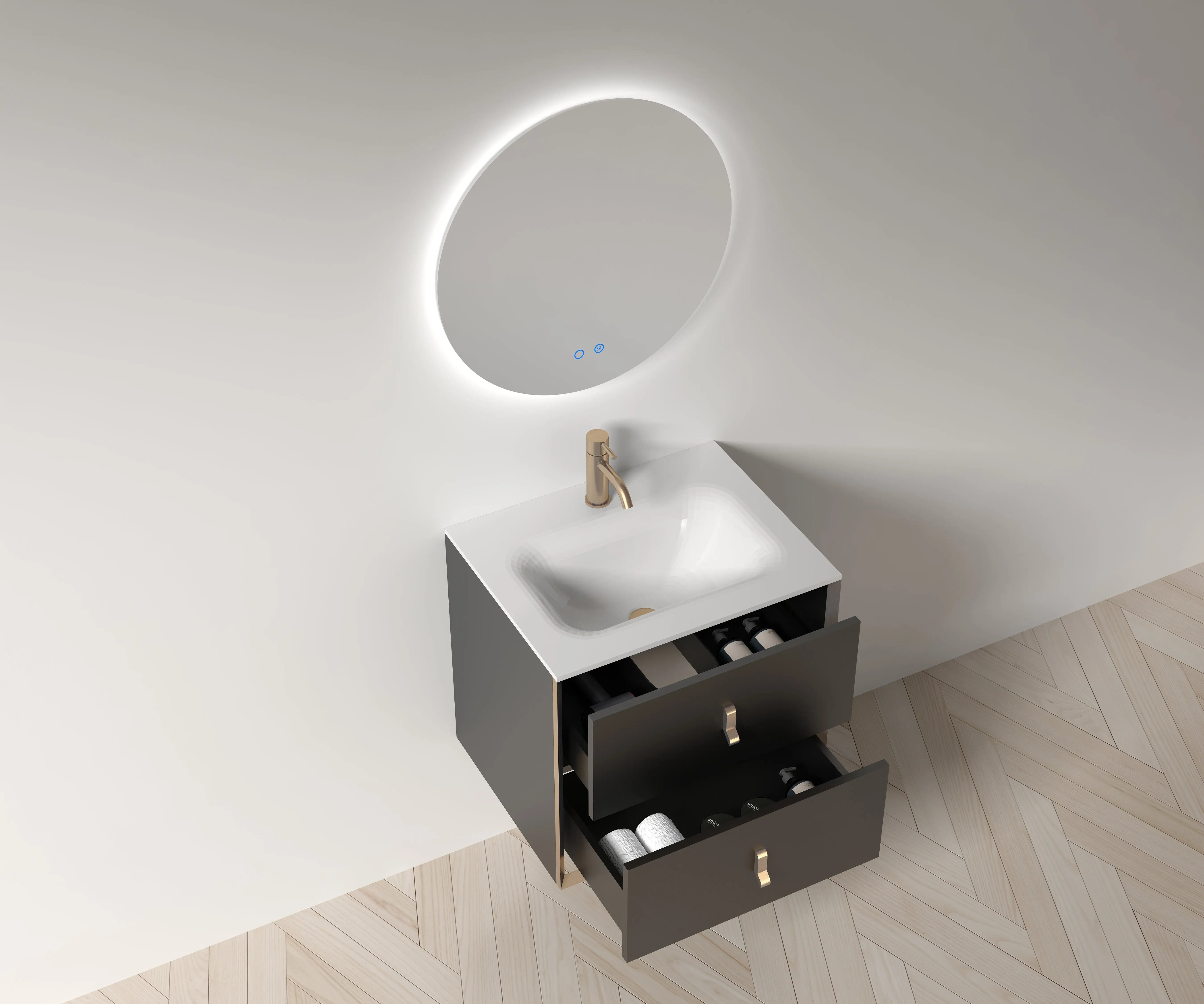 Etna 23.5 Black Stainless Steel Cabinet, with white glass counter top , Wall Mounted Modern Vanity Set