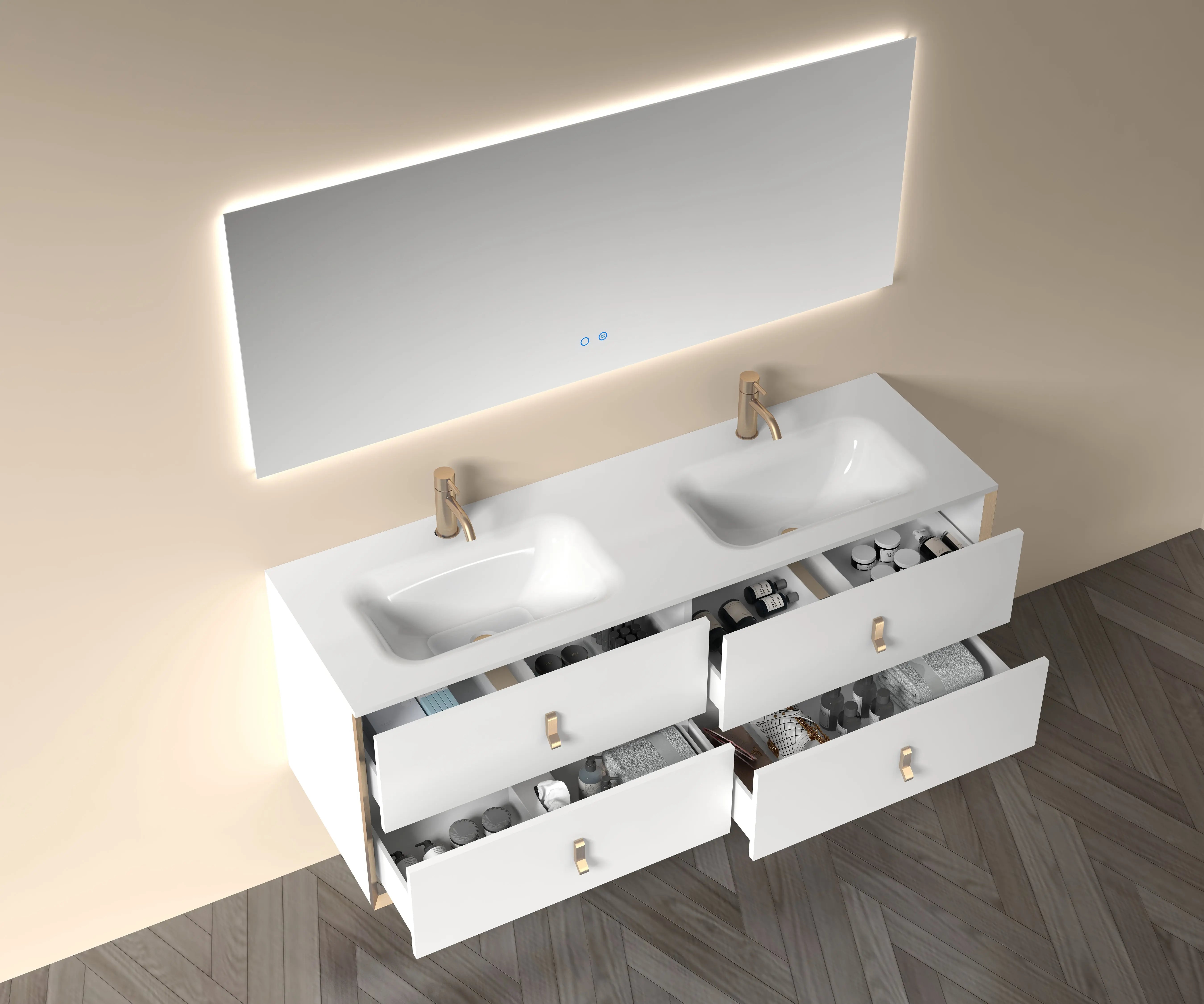 Etna 63 White Stainless Steel Cabinet, with white glass counter top , Wall Mounted Modern Vanity Set