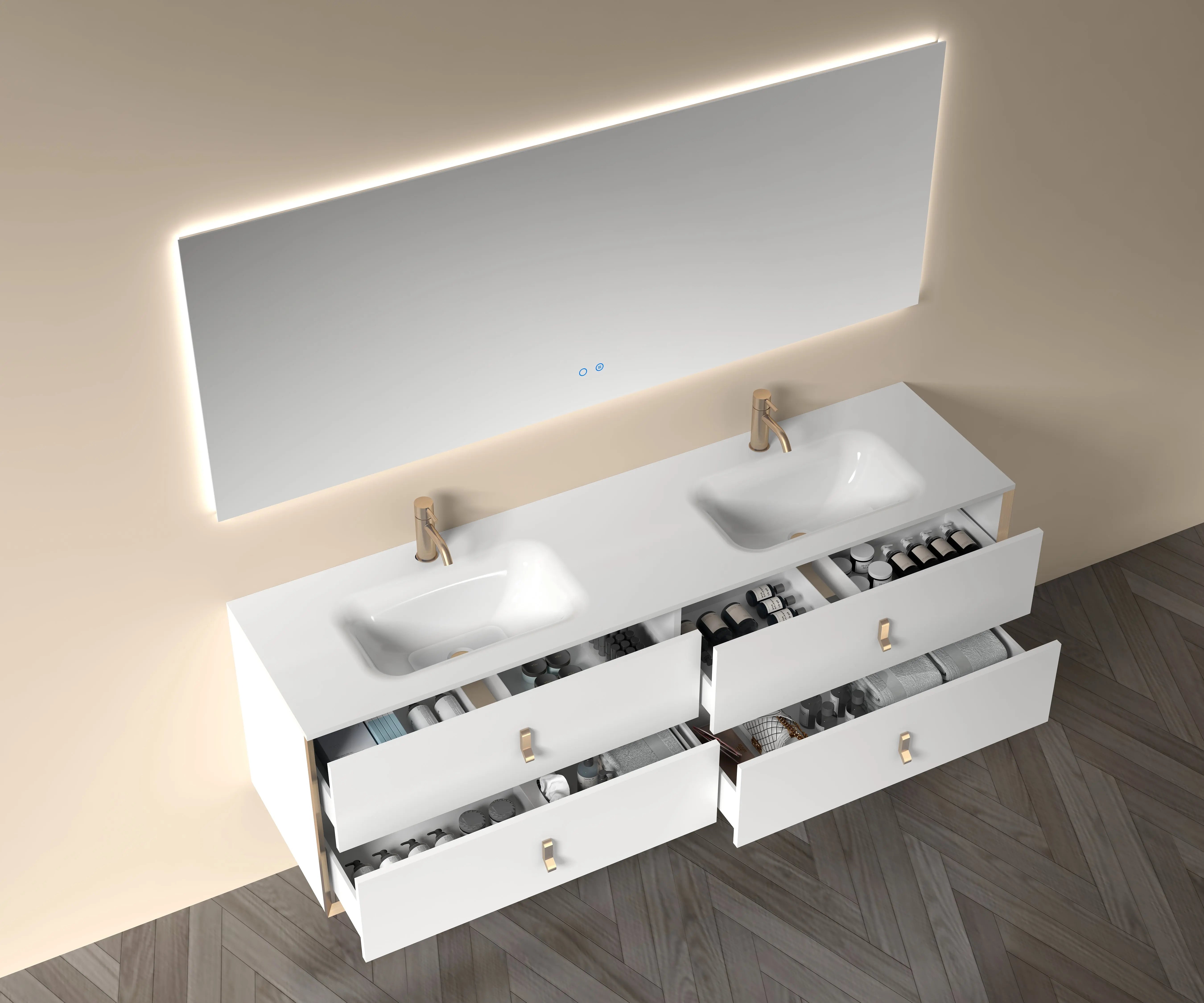 Etna 72 White Stainless Steel Cabinet, with white glass counter top , Wall Mounted Modern Vanity Set