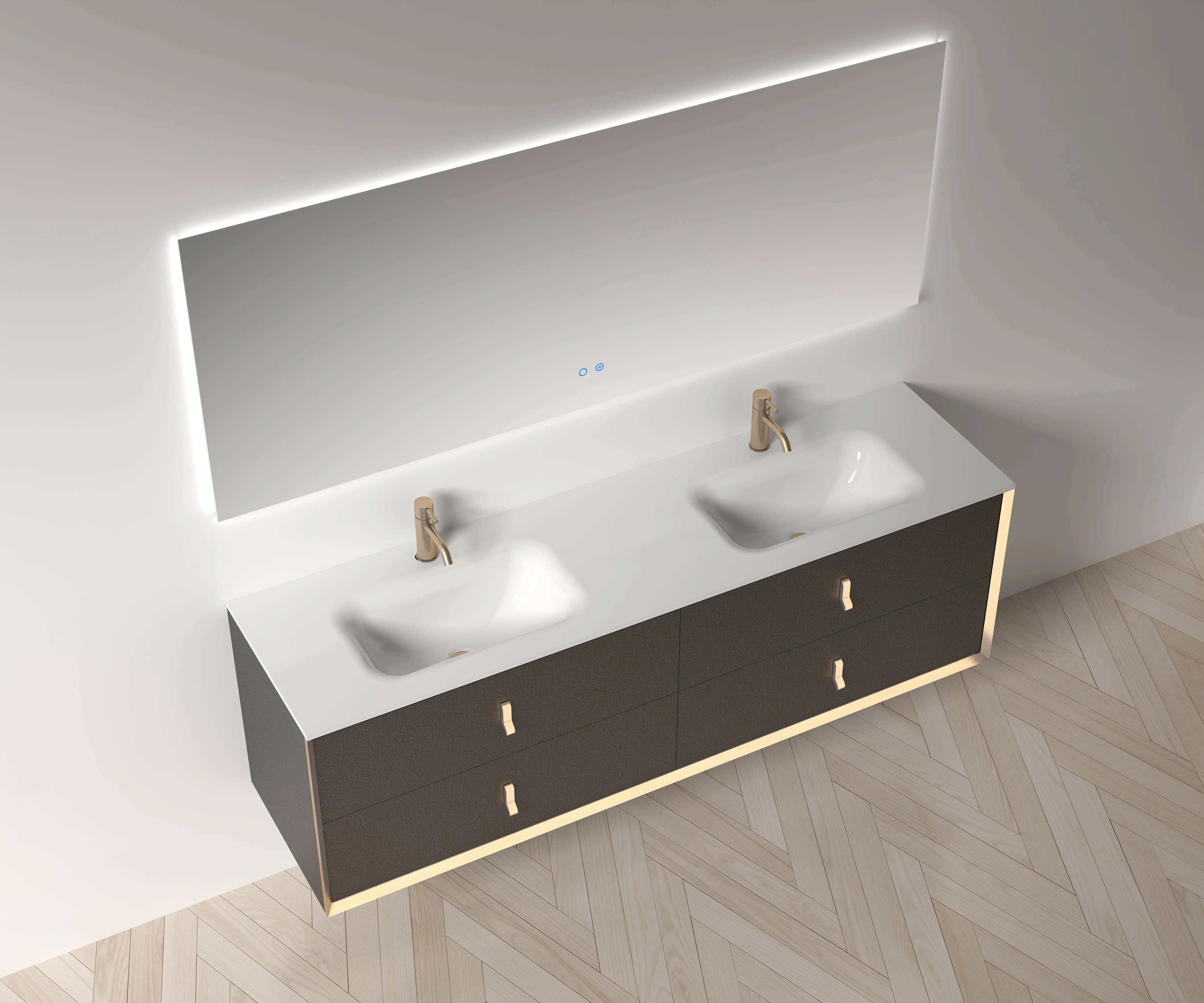 Etna 72 Double Black Stainless Steel Cabinet, with white glass counter top , Wall Mounted Modern Vanity Set