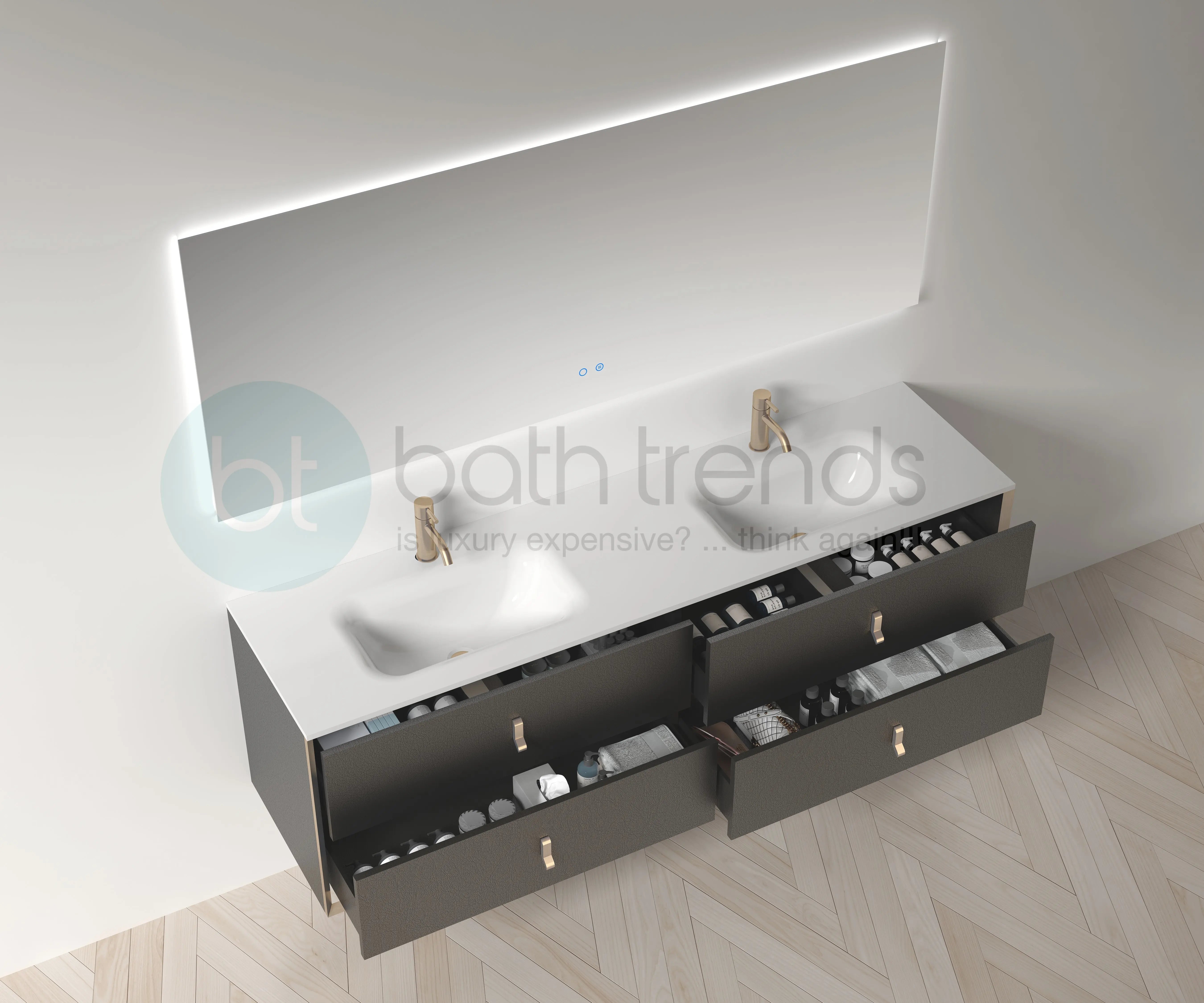 Etna 72 Double Black Stainless Steel Cabinet, with white glass counter top , Wall Mounted Modern Vanity Set