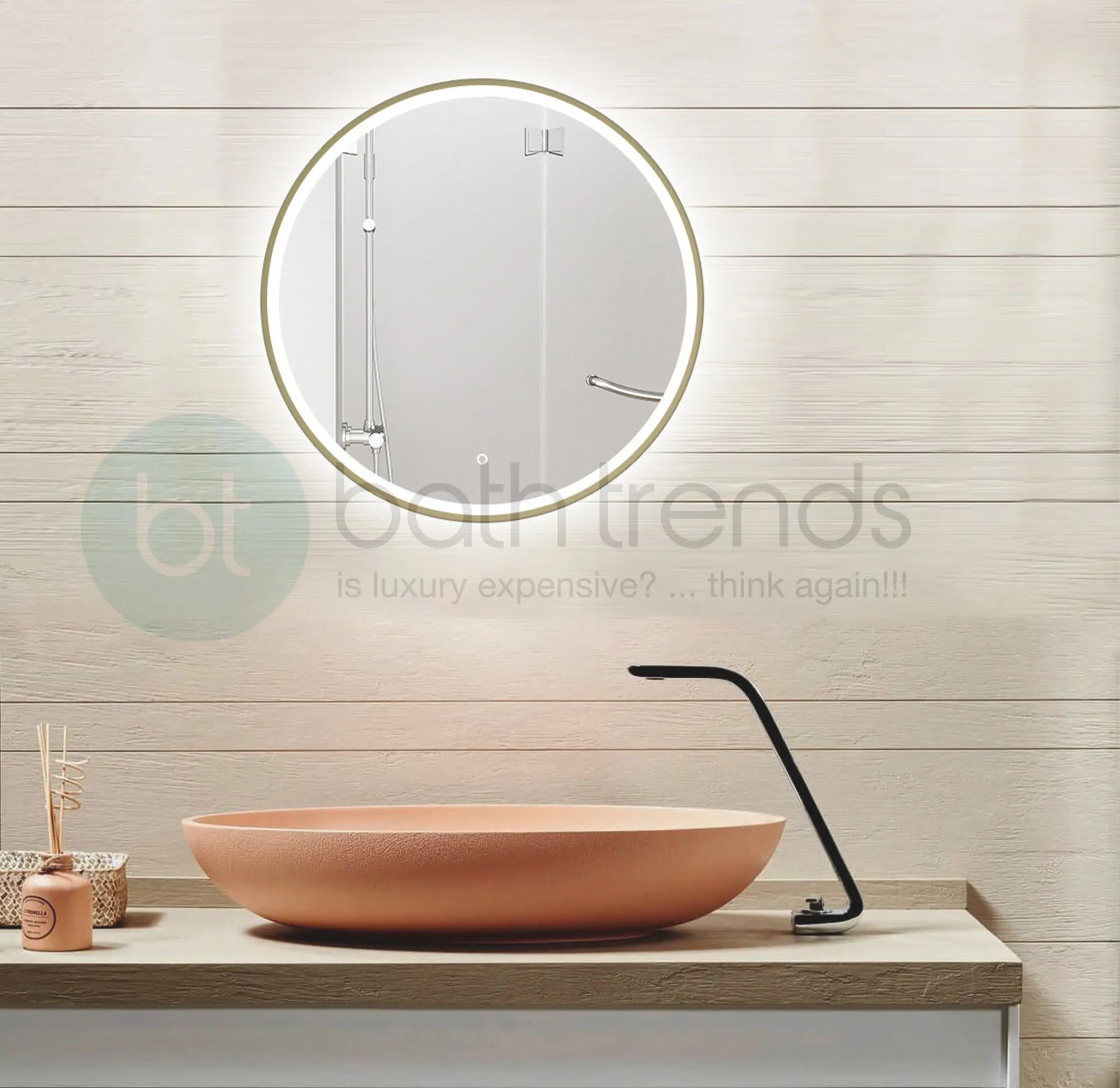 Aquamoon 2595 LED Bathroom Mirror 48" Round Wall Mounted, Sensor Touch Switch with Brush Gold Frame