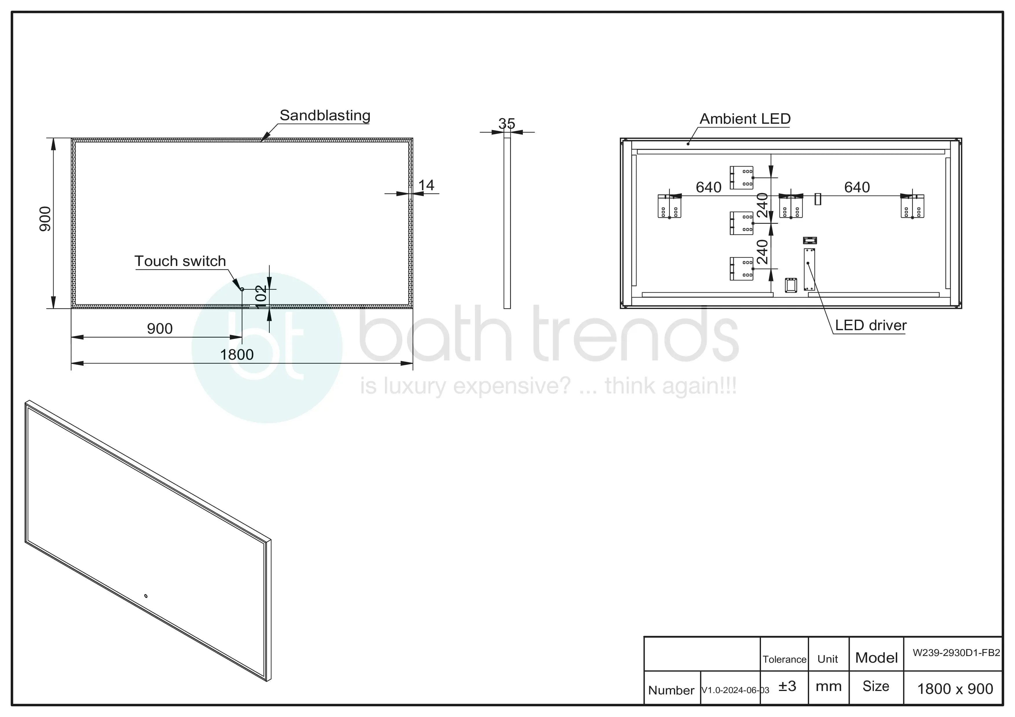 Aquamoon 2595 LED Bathroom Mirror 72" x 36" Wall Mounted, Sensor Touch Switch with Brush Gold Frame