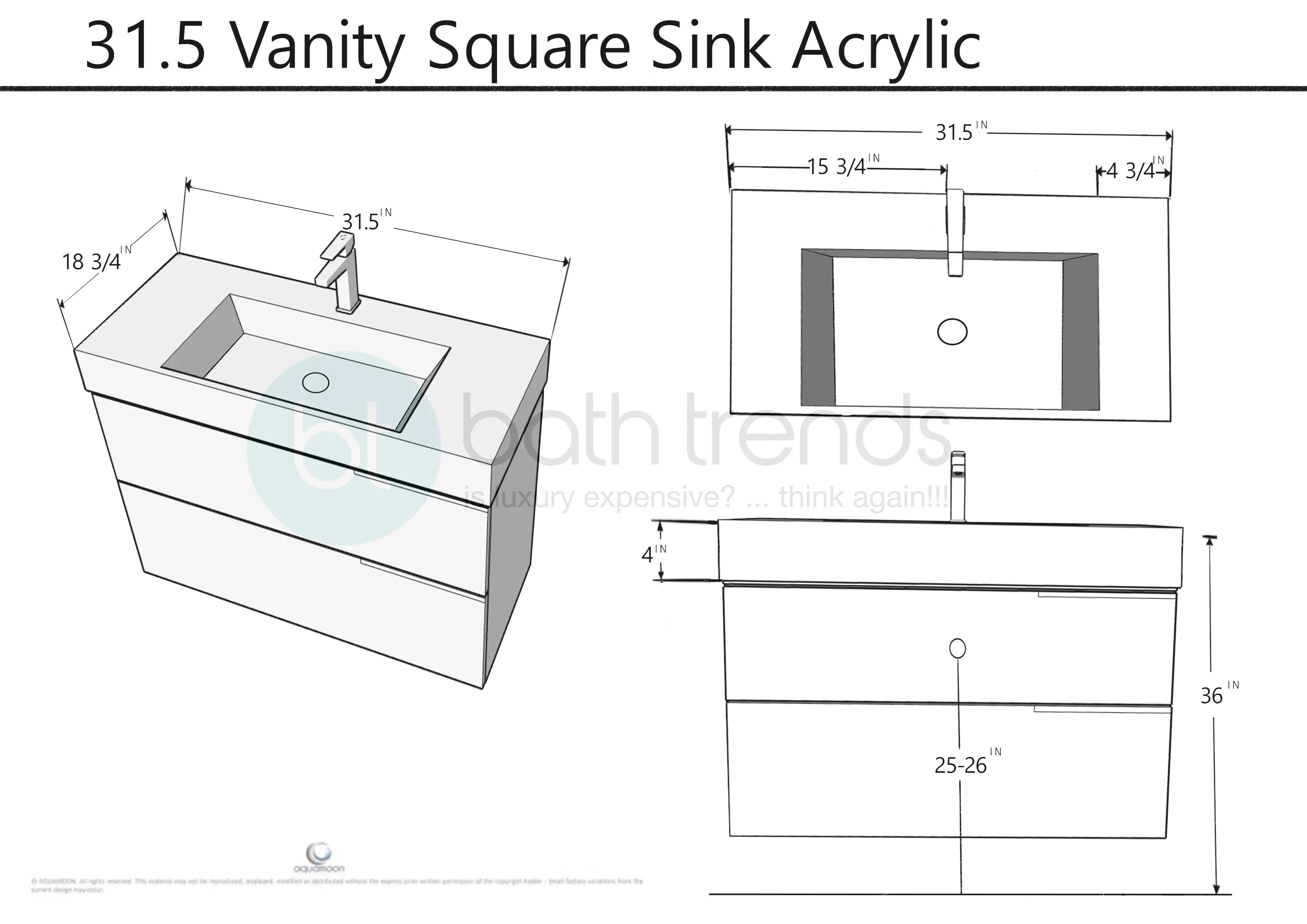 Vision 31.5 White High Gloss Cabinet, Square Cultured Marble Sink, Wall Mounted Modern Vanity Set