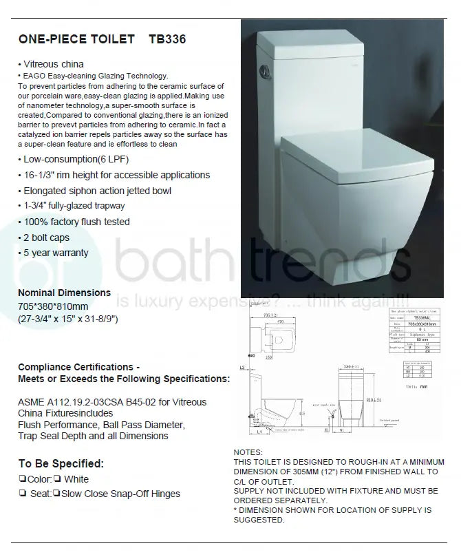 Eago TB 336 Elongated One Piece Single Flush Toilet With Soft Closing Seat