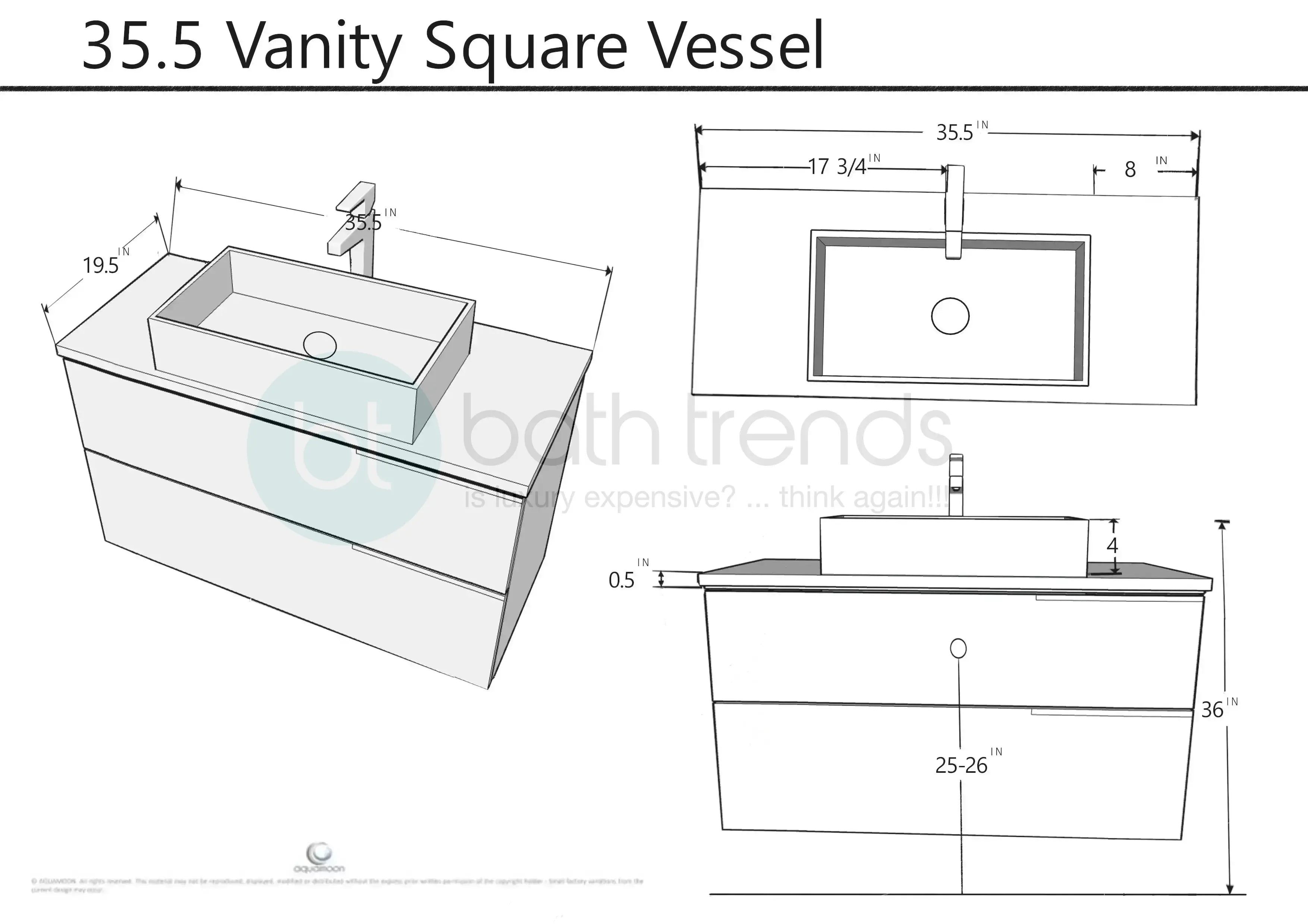 Venice 35.5 White High Gloss Cabinet, Solid Surface Flat Taupe Counter And Infinity Square Solid Surface Taupe Basin 1329, Wall Mounted Modern Vanity Set