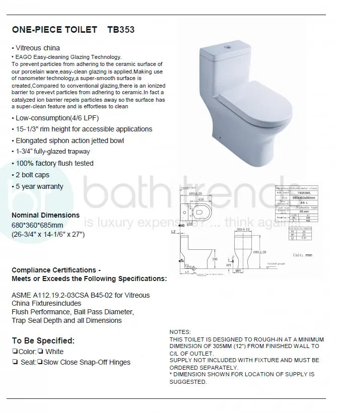 Eago TB 353 Elongated One Piece Dual Flush Toilet With Soft Closing Seat