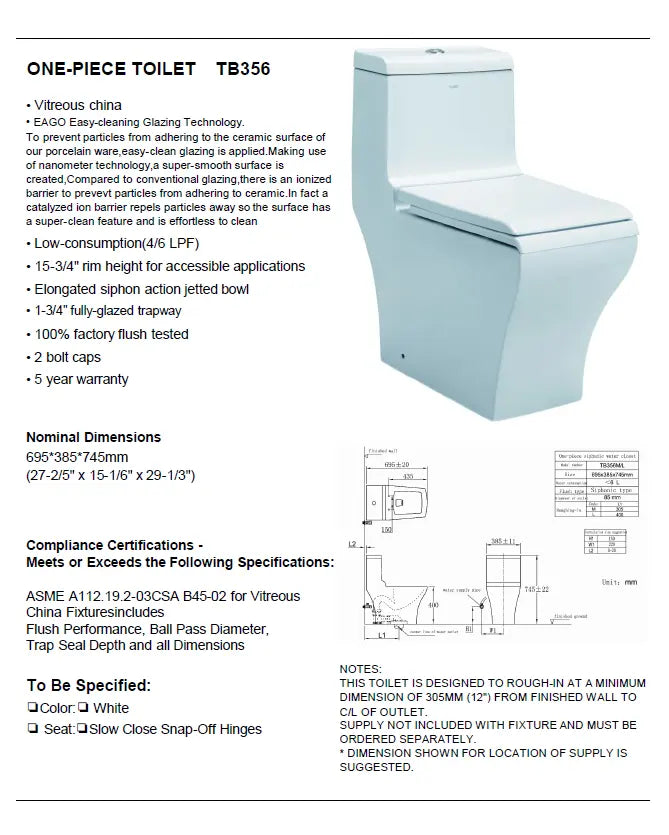 Eago TB 356 Elongated One Piece Dual Flush Toilet With Soft Closing Seat