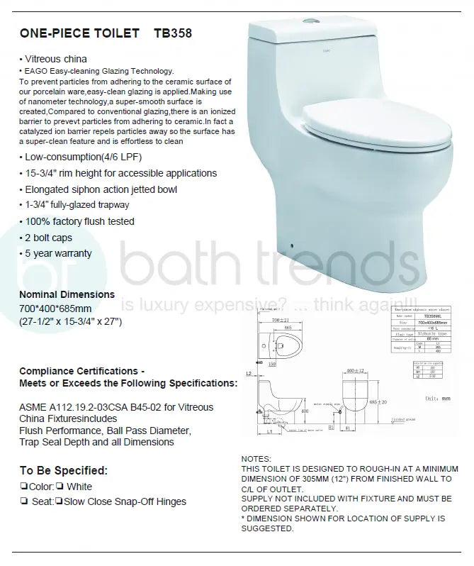 Eago TB 358 Elongated One Piece Dual Flush Toilet With Soft Closing Seat