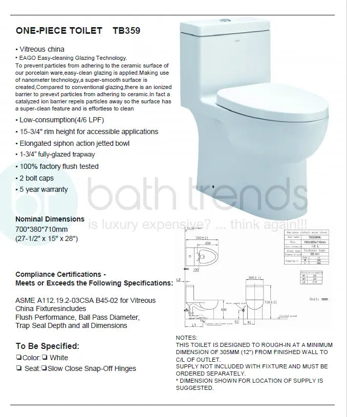 Eago TB 359 Elongated One Piece Dual Flush Toilet With Soft Closing Seat