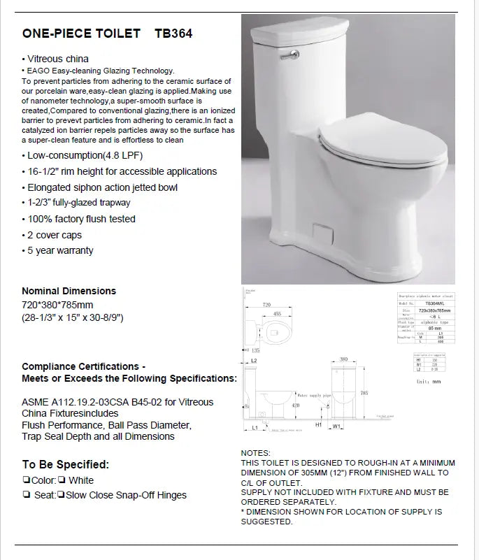 Eago TB 364 Elongated One Piece Single Flush Toilet With Soft Closing Seat