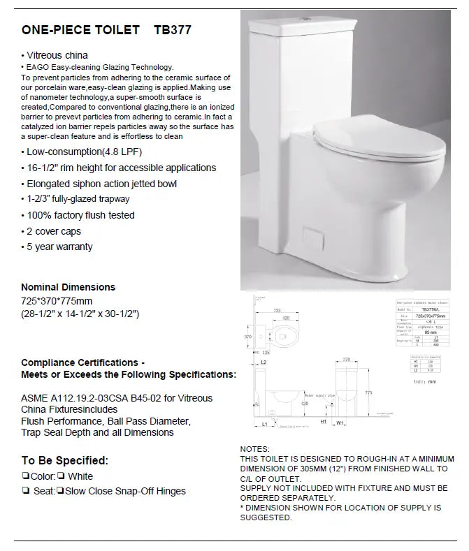 Eago TB 377 Elongated One Piece Single Flush Toilet With Soft Closing Seat