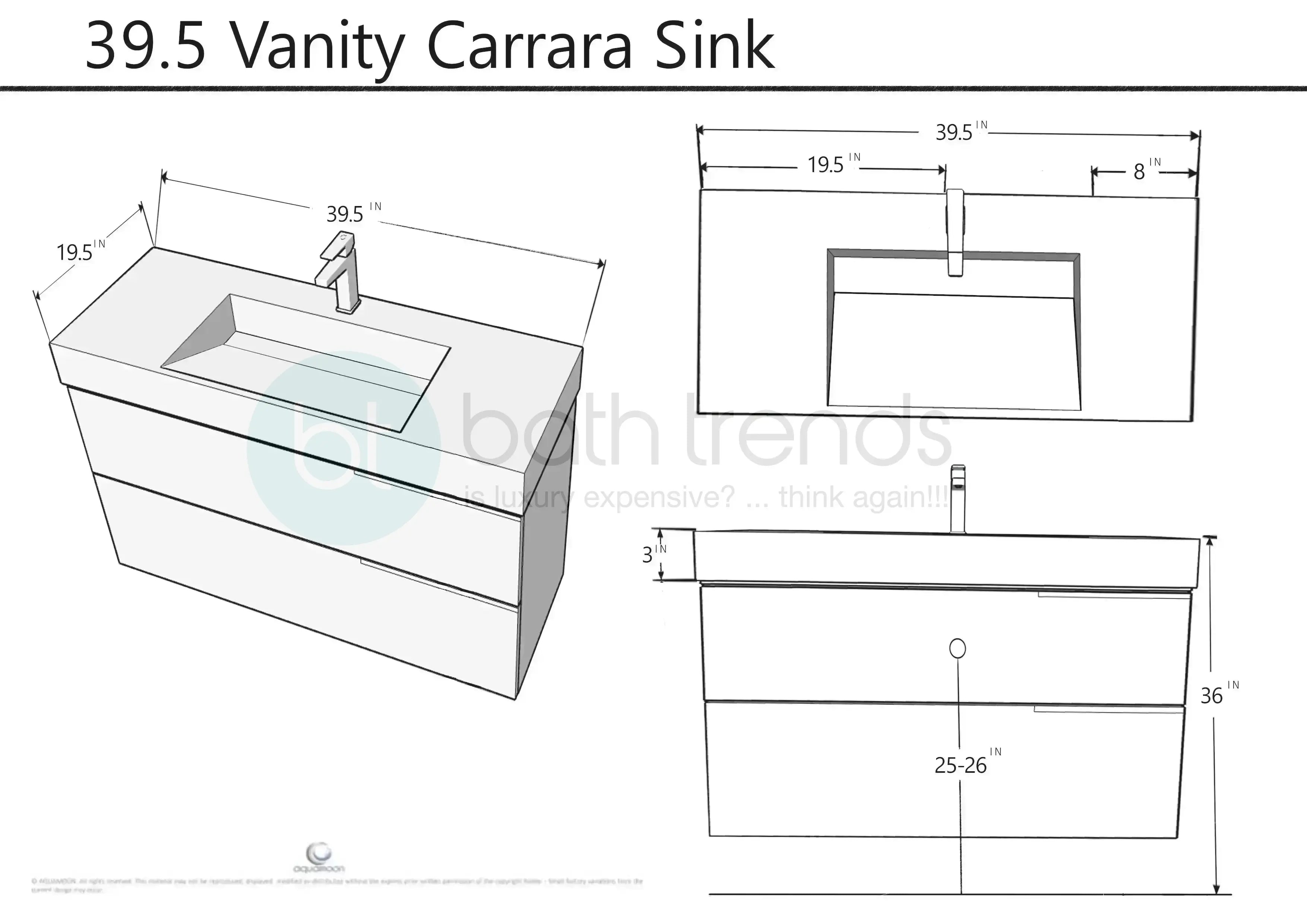 Garda 39.5 Matte White Cabinet, Solid Surface Matte White Carrara Infinity Sink, Wall Mounted Modern Vanity Set