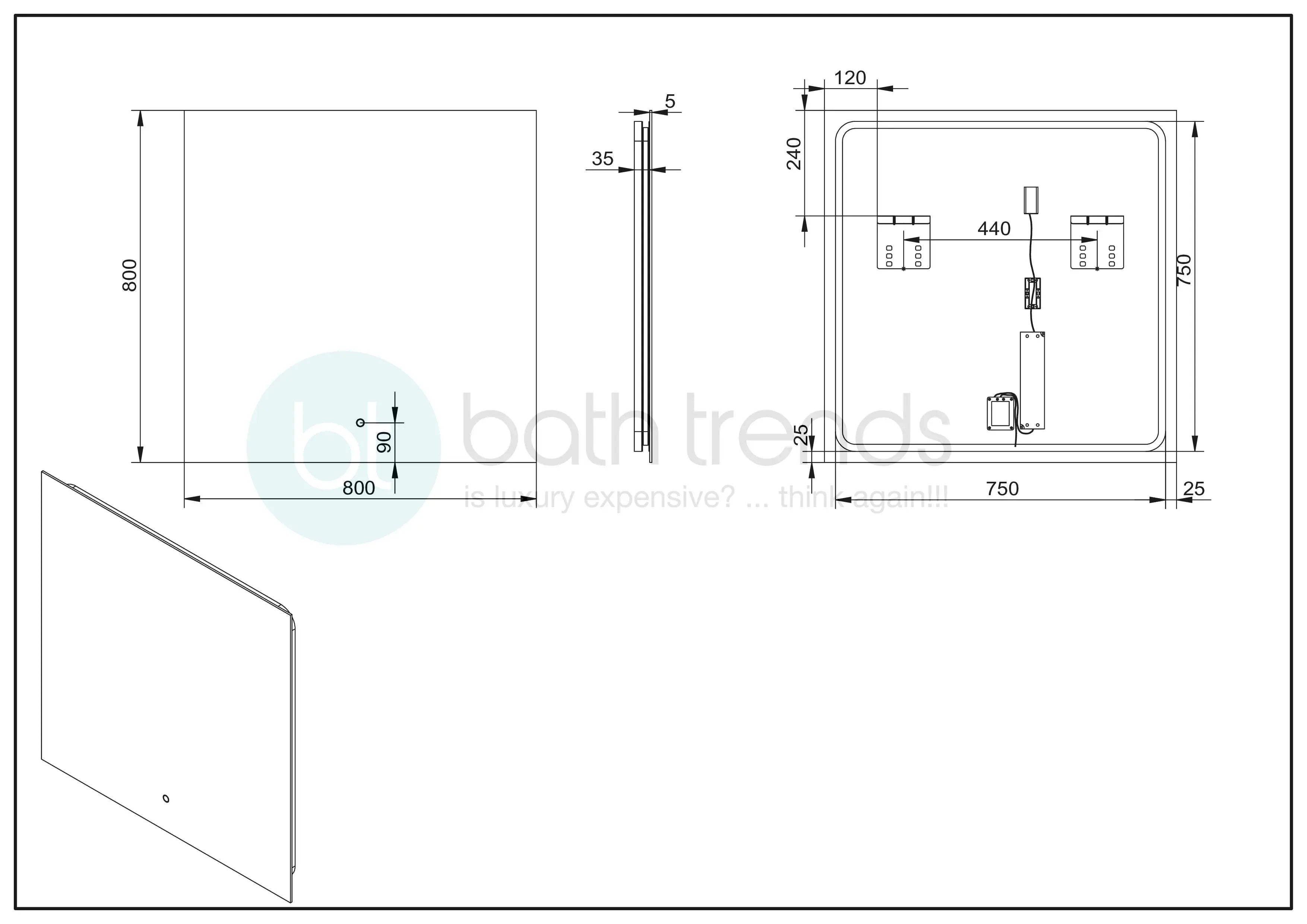 Aquamoon LED Mirror 4575 With Front Touch On/Off Botton, Square Frameless Corner Design With Back Ilumination 31W x 31H