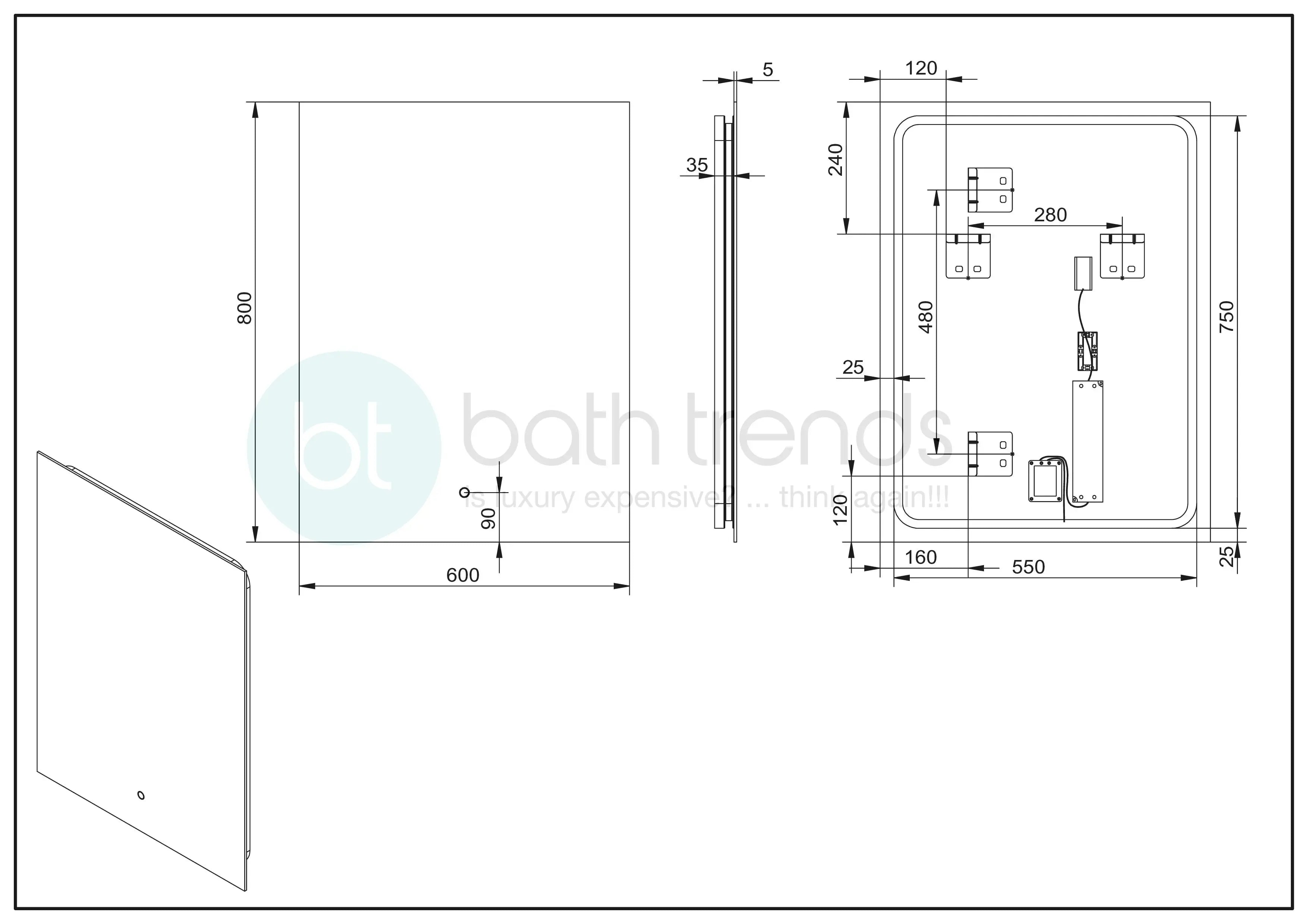 Aquamoon LED Mirror 4575 With Front Touch On/Off Botton, Square Frameless Corner Design With Back Ilumination 24W x 31H