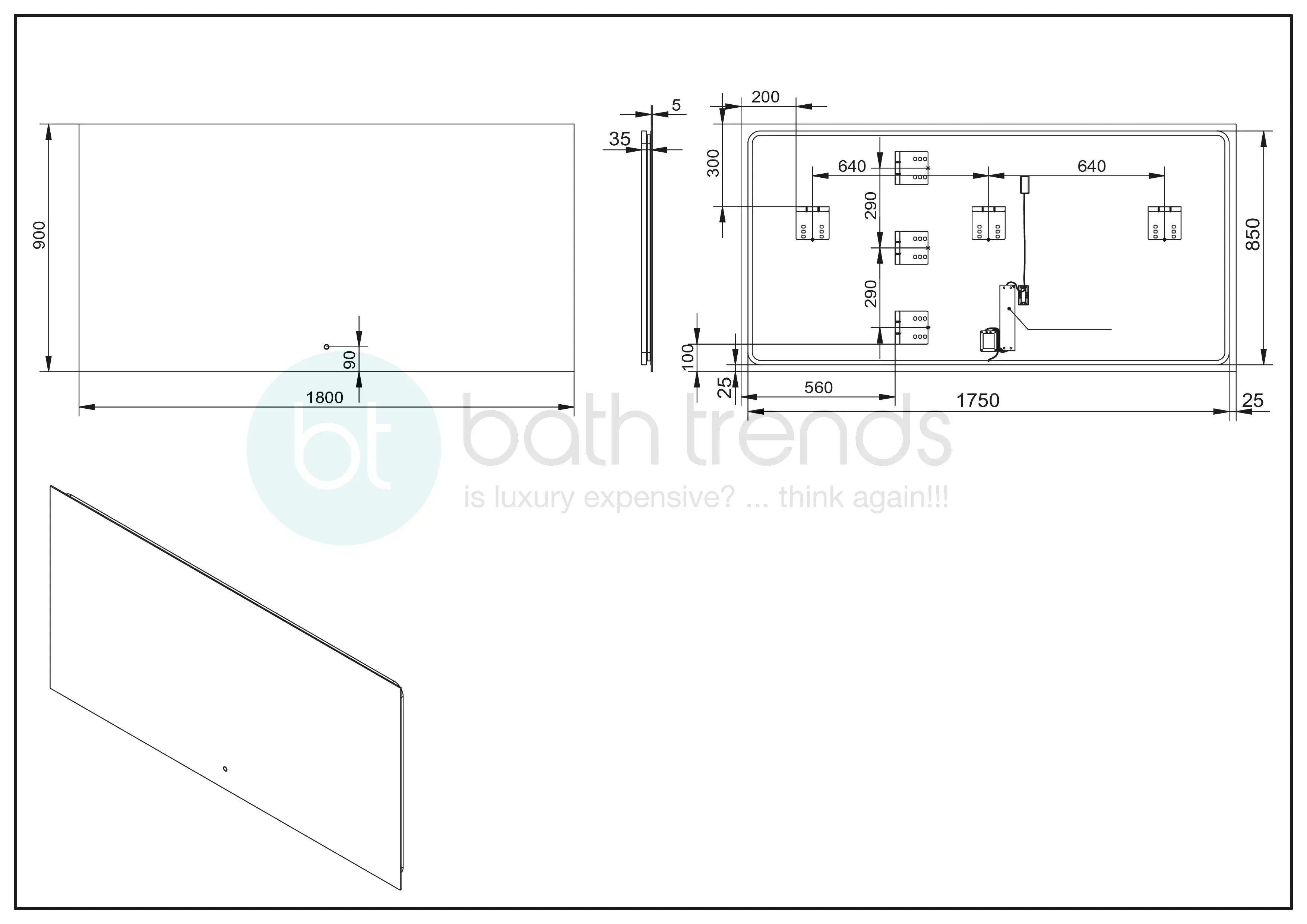 Aquamoon LED Mirror 4575 With Front Touch On/Off Botton, Square Frameless Corner Design With Back Ilumination 72W x 36H