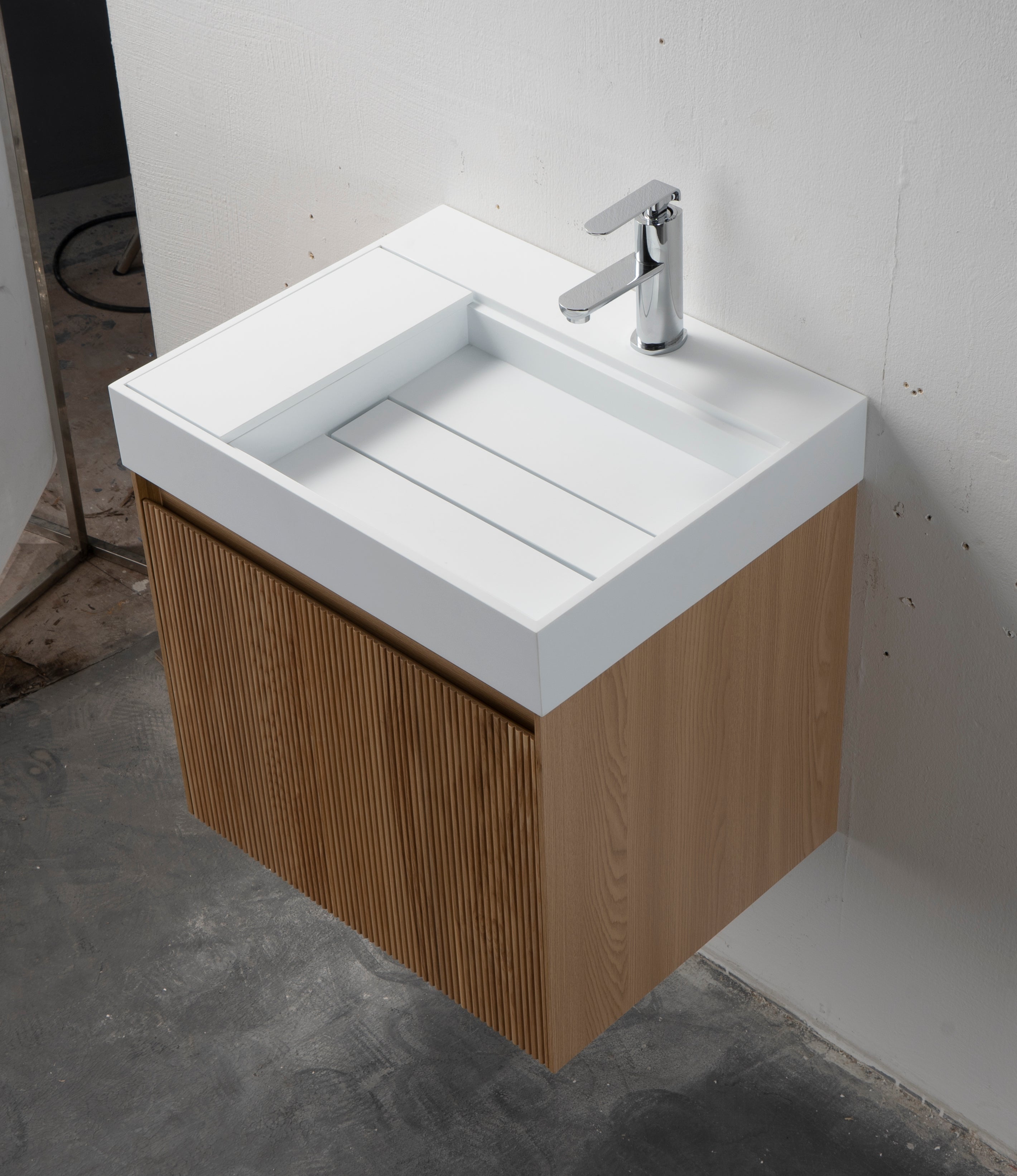 Miami 23.5 Natural Oak Cabinet, Orus Solid Surface Carrara Sink, Wall Mounted Modern Vanity Set