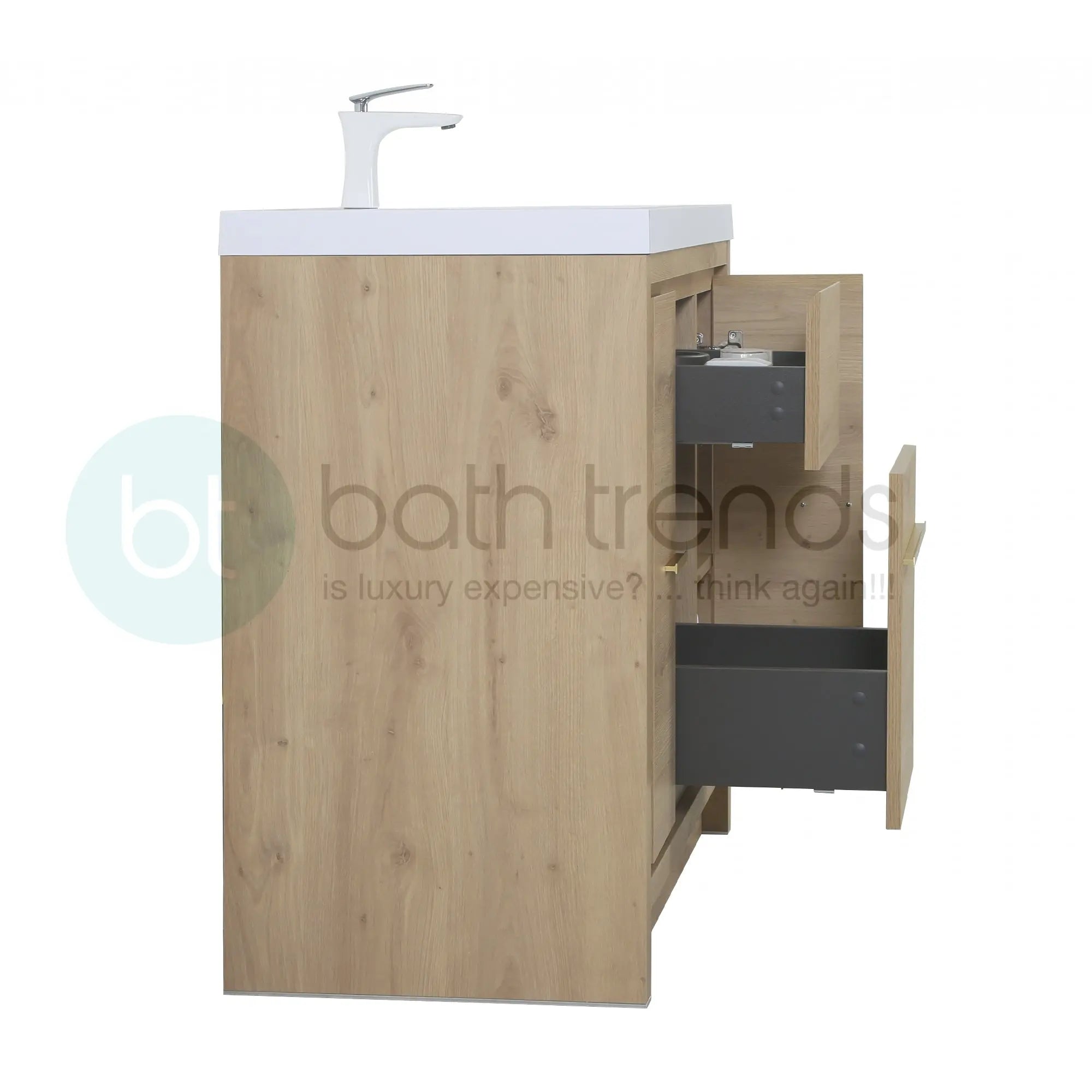 Granada 35.5 Natural Oak With Chrome Handle Cabinet, Square Cultured Marble Sink, Free Standing Modern Vanity Set