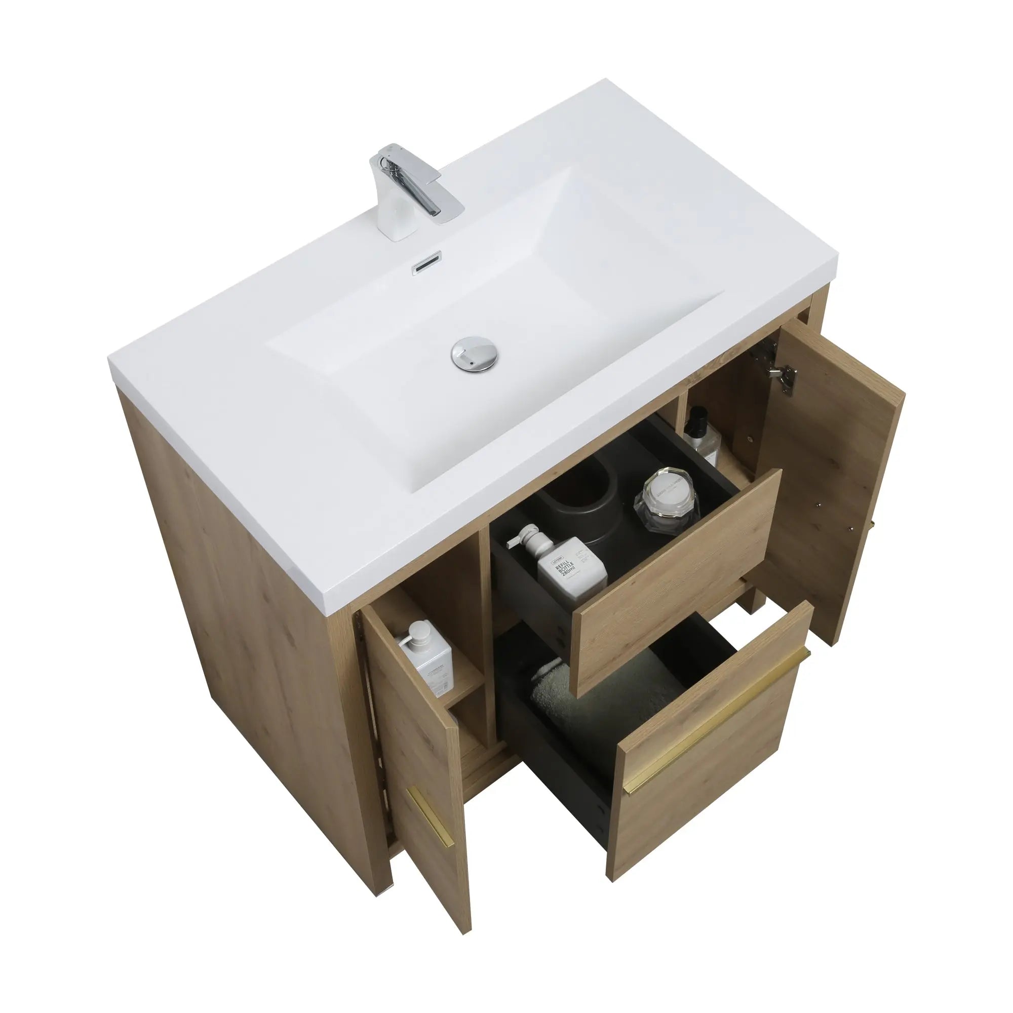 Granada 35.5 Natural Oak With Chrome Handle Cabinet, Square Cultured Marble Sink, Free Standing Modern Vanity Set