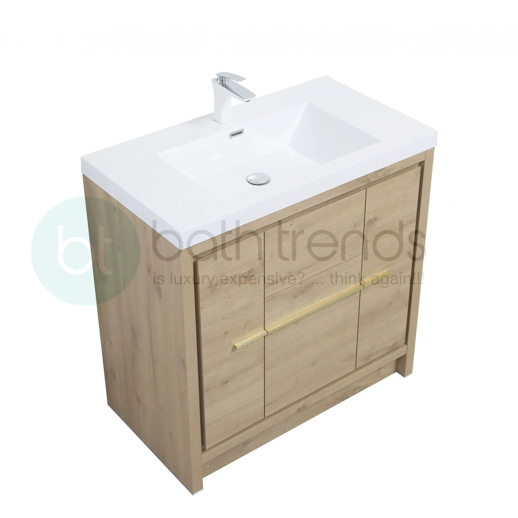 Granada 35.5 Natural Oak With Chrome Handle Cabinet, Square Cultured Marble Sink, Free Standing Modern Vanity Set