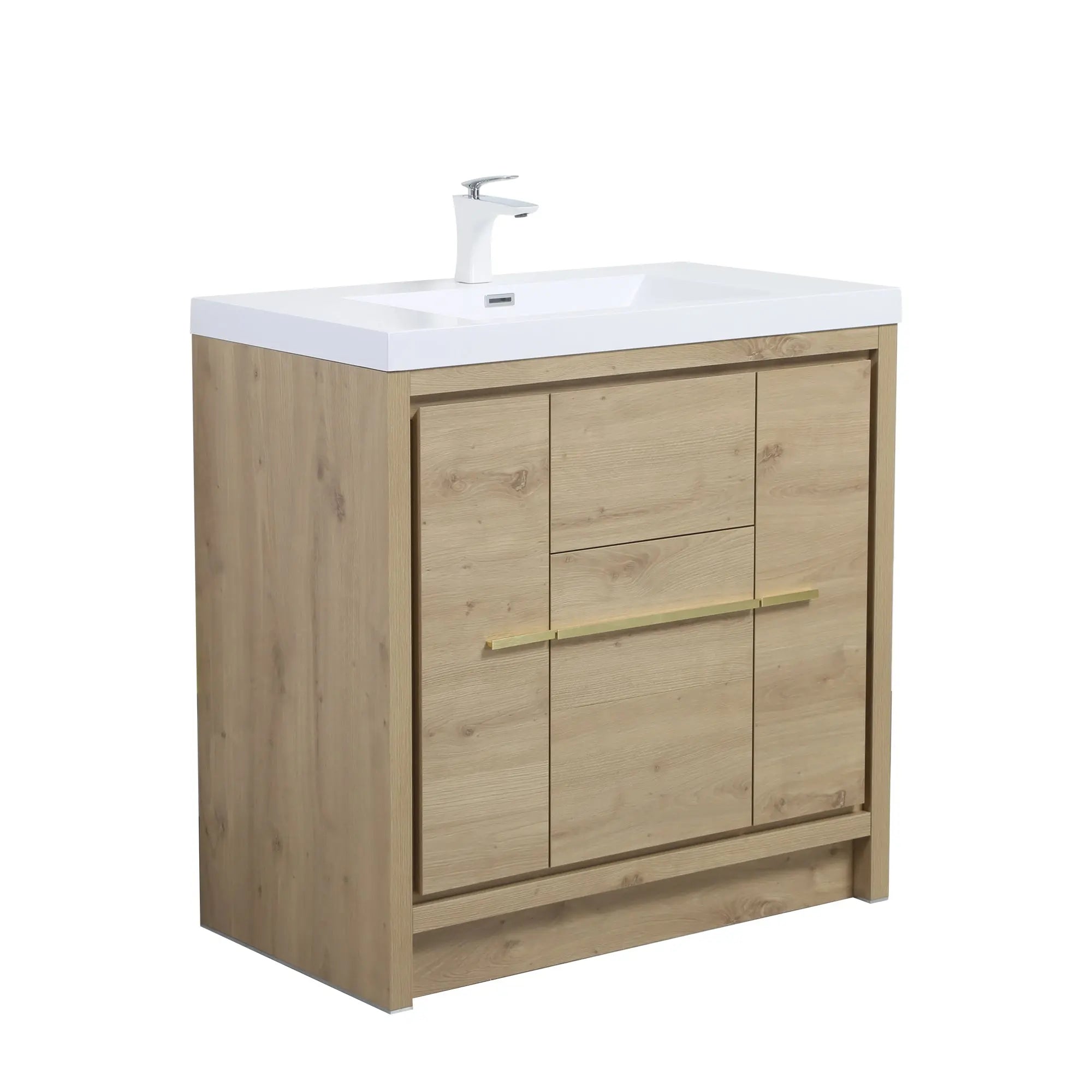 Granada 35.5 Natural Oak With Chrome Handle Cabinet, Square Cultured Marble Sink, Free Standing Modern Vanity Set