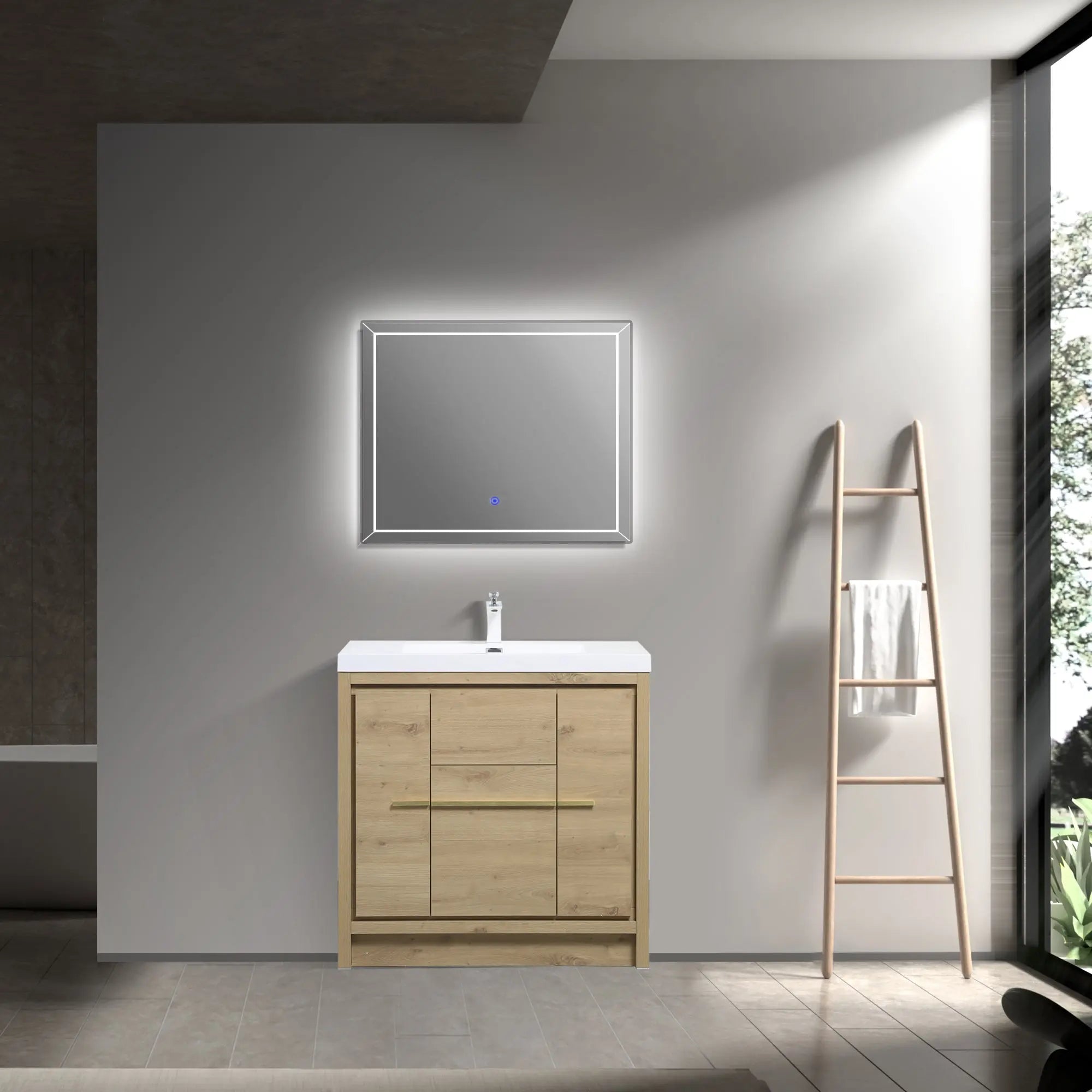 Granada 35.5 Natural Oak With Chrome Handle Cabinet, Square Cultured Marble Sink, Free Standing Modern Vanity Set