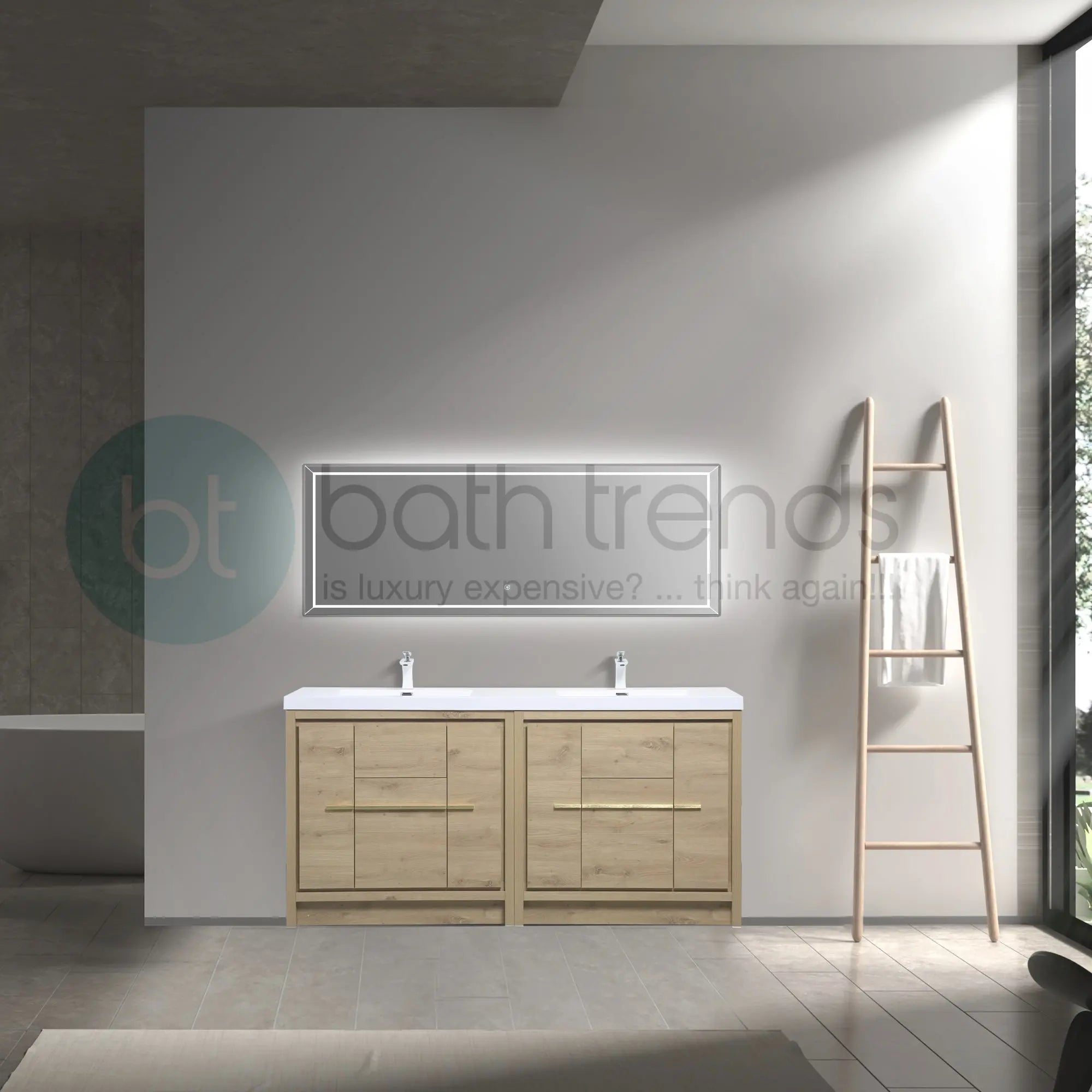 Granada 71 Natural Oak With Chrome Handle Cabinet, Square Cultured Marble Double Sink, Free Standing Modern Vanity Set