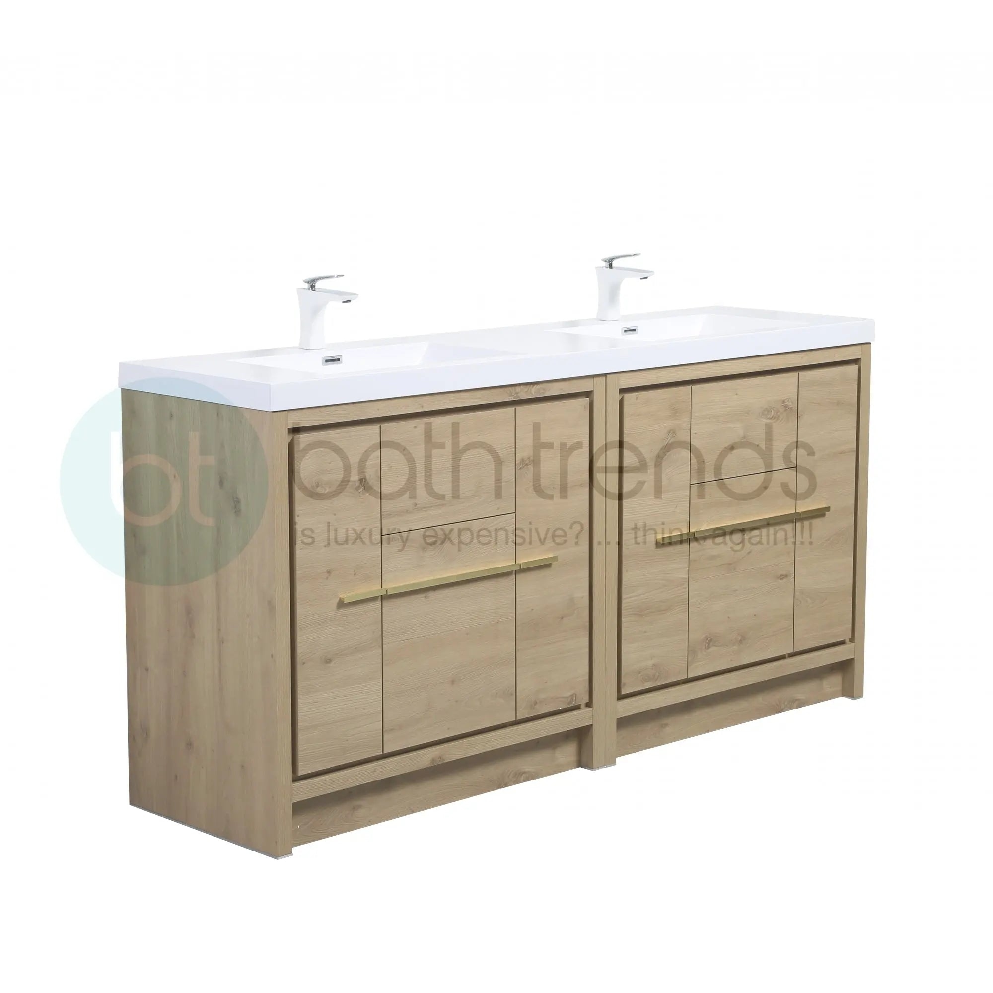 Granada 71 Natural Oak With Chrome Handle Cabinet, Square Cultured Marble Double Sink, Free Standing Modern Vanity Set