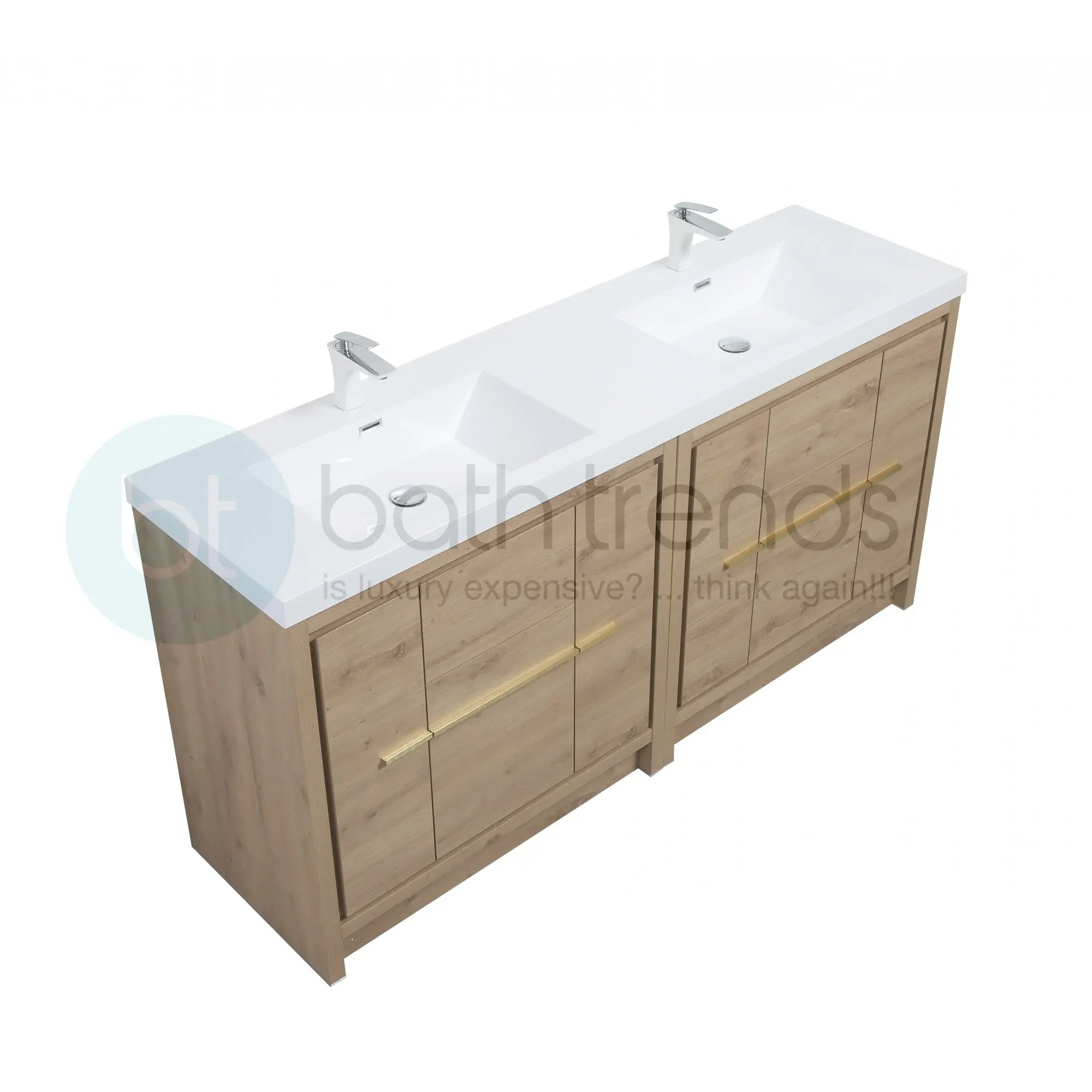 Granada 71 Natural Oak With Chrome Handle Cabinet, Square Cultured Marble Double Sink, Free Standing Modern Vanity Set