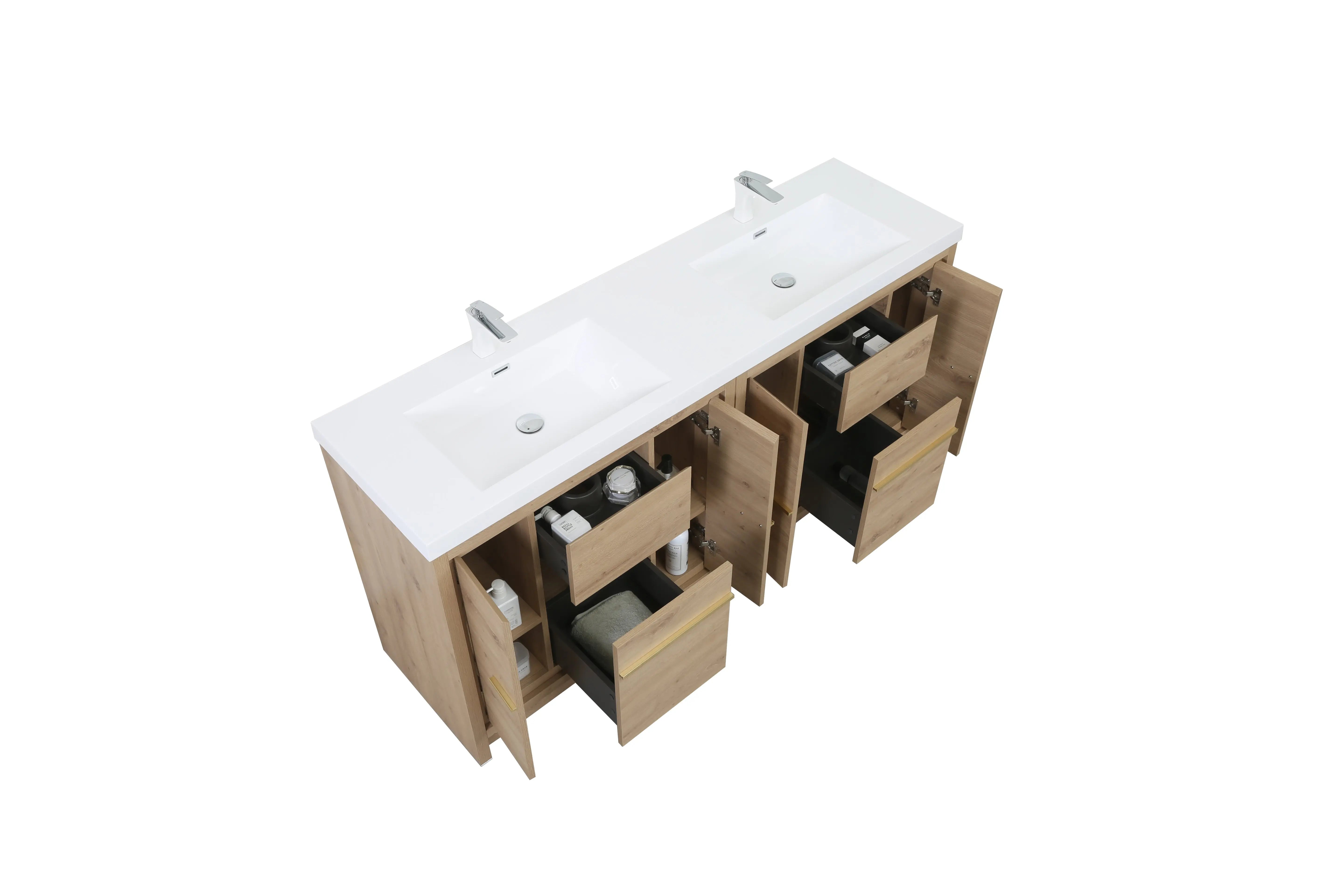 Granada 71 Natural Oak With Chrome Handle Cabinet, Square Cultured Marble Double Sink, Free Standing Modern Vanity Set