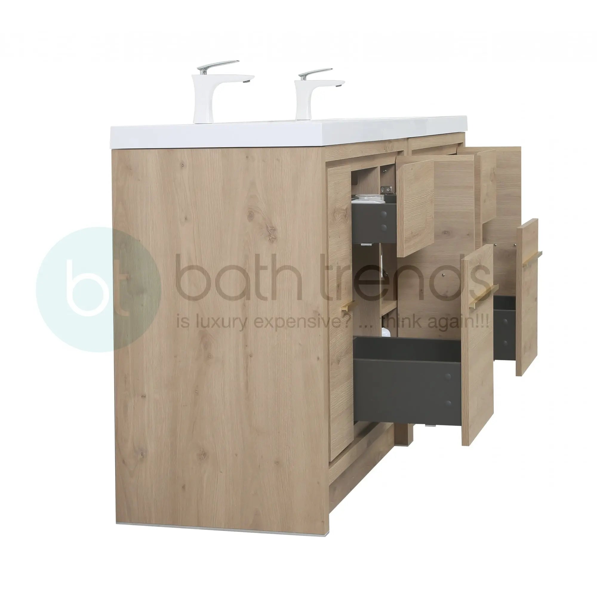 Granada 71 Natural Oak With Chrome Handle Cabinet, Square Cultured Marble Double Sink, Free Standing Modern Vanity Set