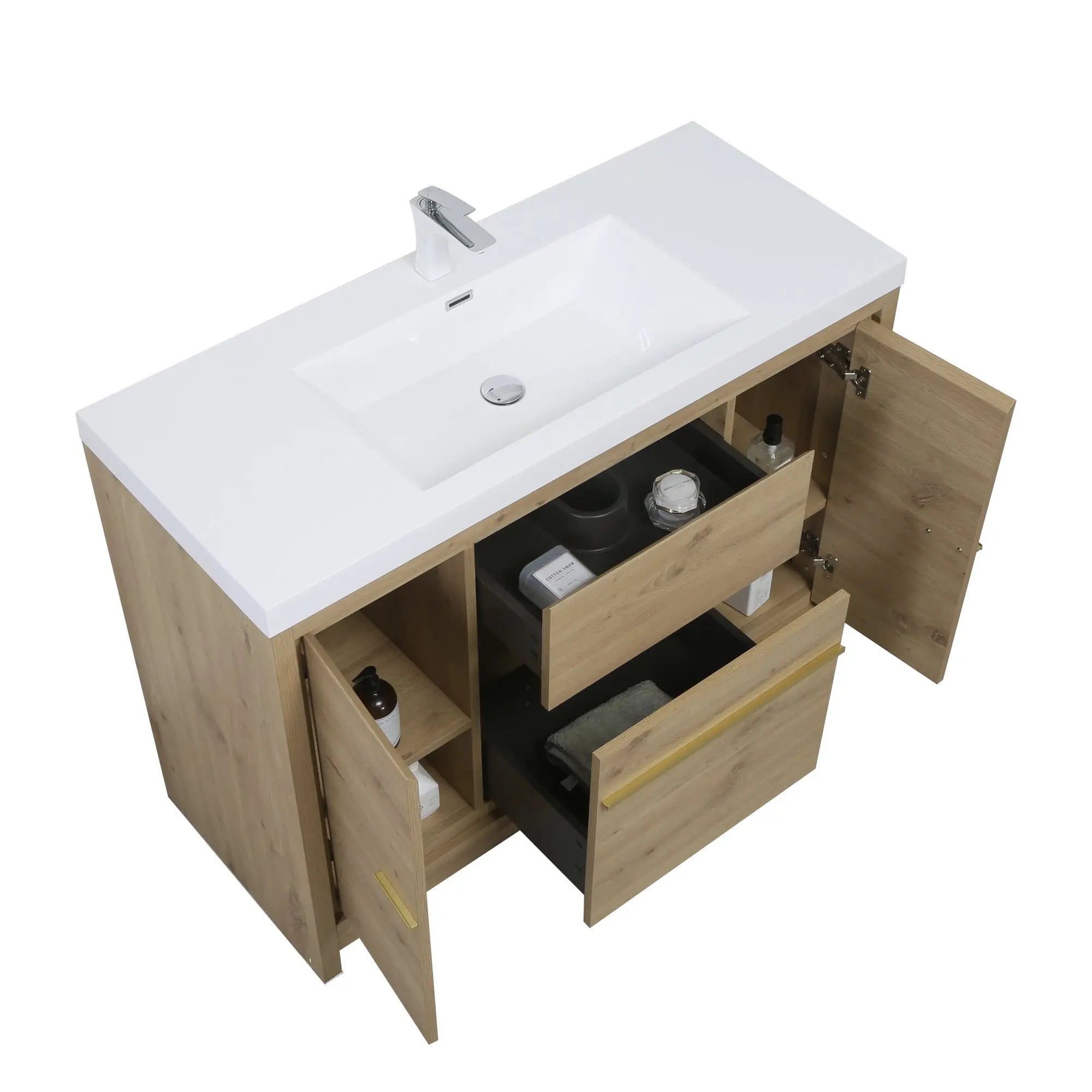 Granada 47.5 Natural Oak With Chrome Handle Cabinet, Square Cultured Marble Sink, Free Standing Modern Vanity Set